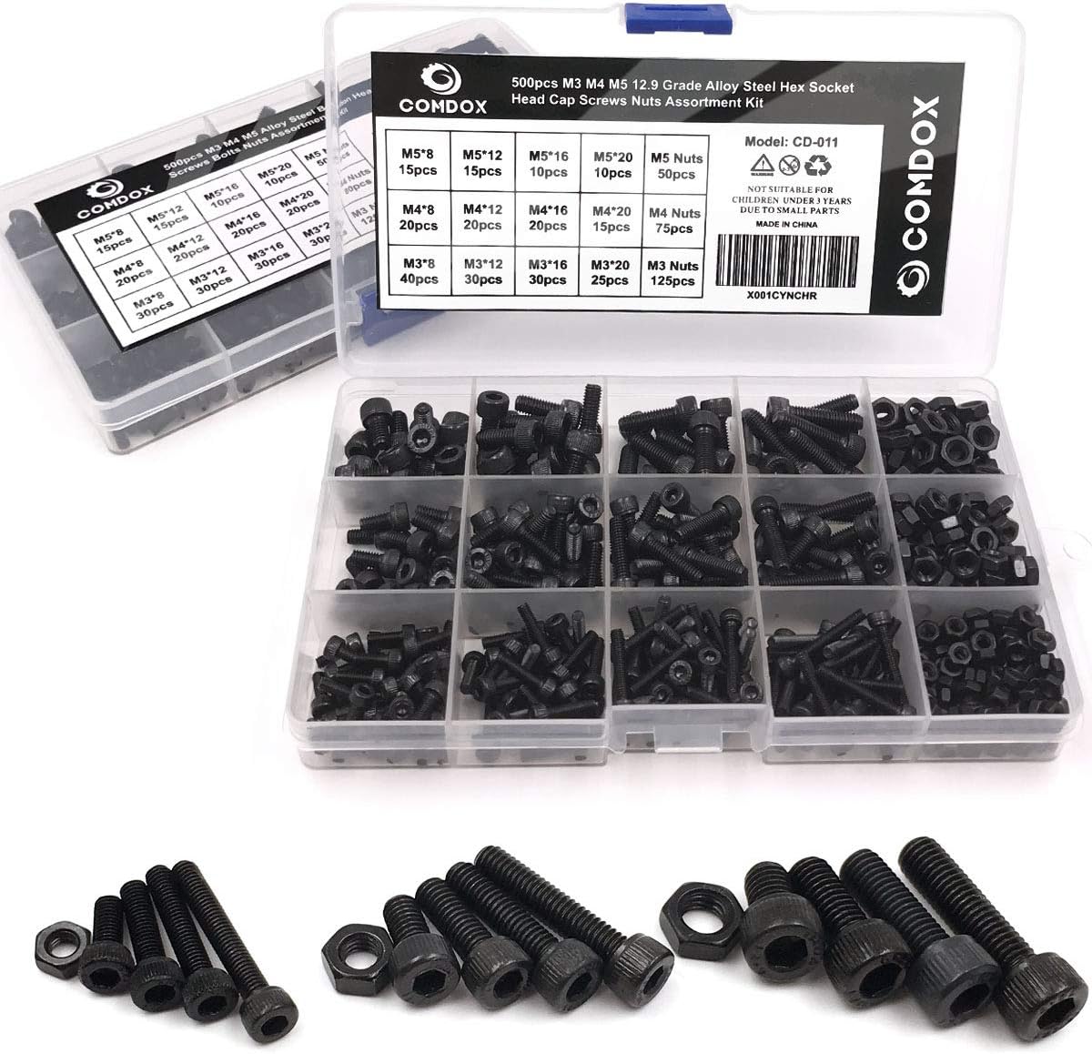 Comdox 500pcs Alloy Steel Socket Cap Screws Hex Head Bolt Nuts Assortment Kit with Box, M3 M4 M5 Thread Size, Black Oxide Finish