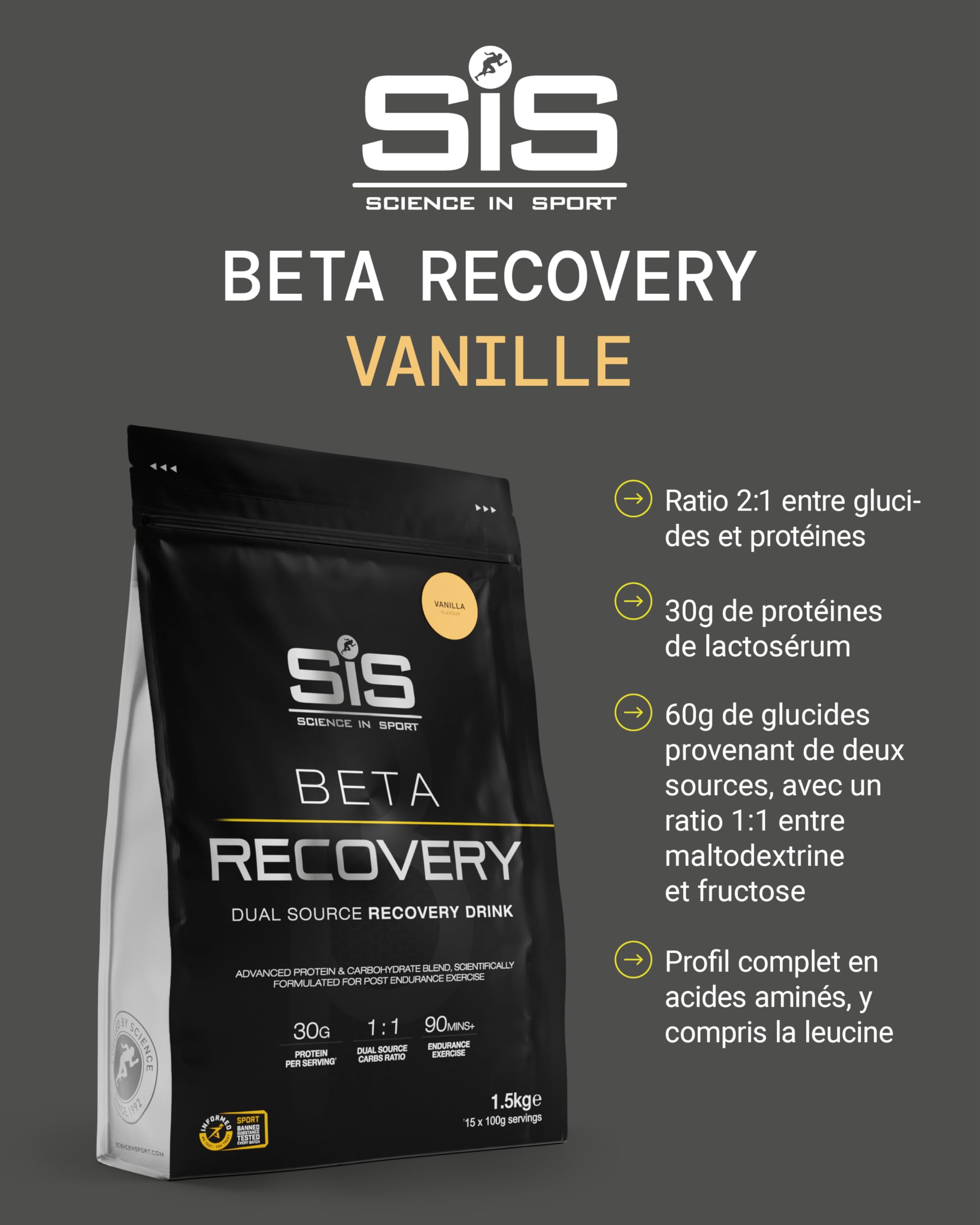Science in Sport BETA Recovery 1,5 kg Vanille – boisson de récupération avec glucides et protéines au ratio 2:1, Poudre pour soutenir l’entraînement