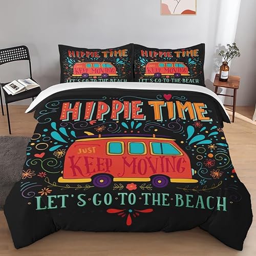 Pinbeam Juego de funda de edredón, juego de ropa de cama vintage hippie de los años 70 para niños y adultos, decoración de dormitorio, juego de