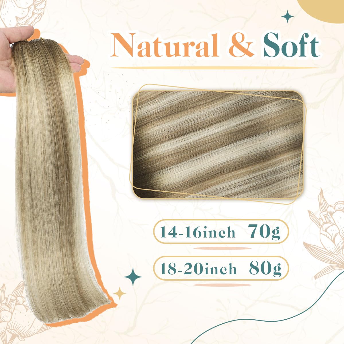 Sindra Wire Human Hair 70g Balayage Ombre Walnut Brown to Ash Brown and Blonde One Pieces Hair Extensions Wire Hair Extensions Human Hair (#3/8/22-14inch) - Image 2