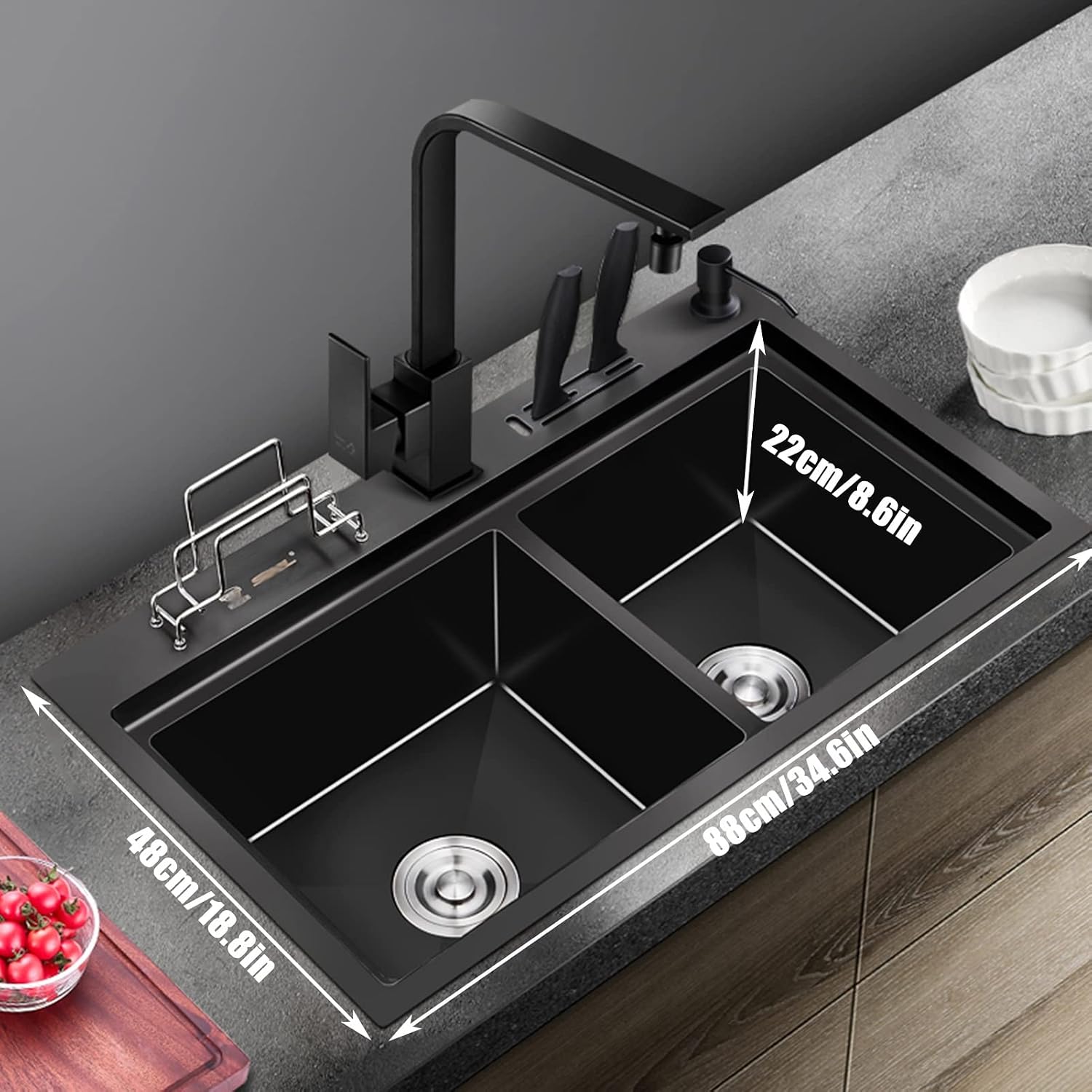 Black Stainless Steel Kitchen Sink Double Bowl Bar Sinks Rv Sink with with Square Faucet & Sink Accessories Drop-in Or Undermount (Color : Black, Size : 88x48x22cm)