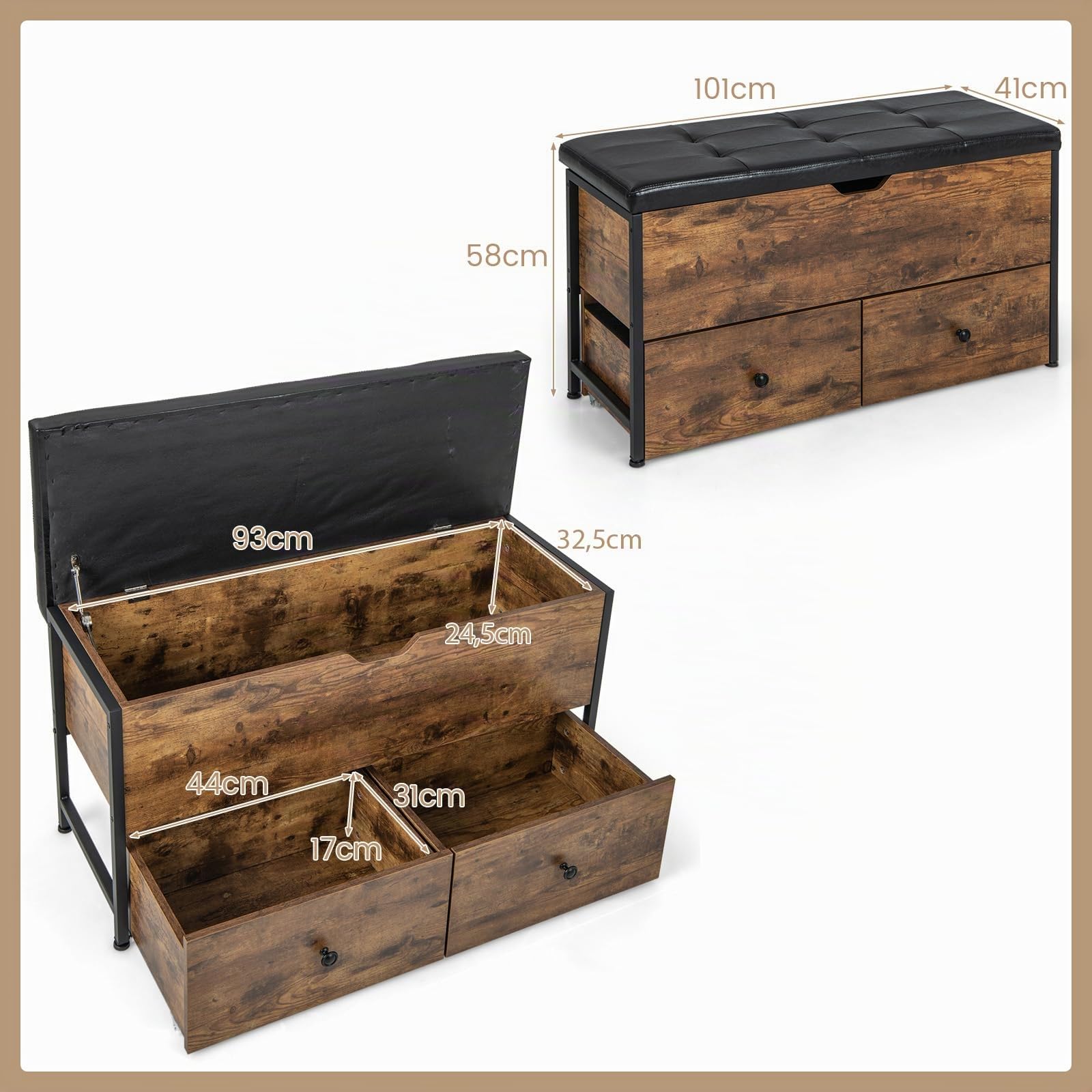 HOMASIS Panca con vano portaoggetti, scarpiera con seduta imbottita, cassapanca con 2 cassetti, apribile con poggiapiedi regolabili, stile vintage, portata 150 kg, 101 x 41 x 58 cm