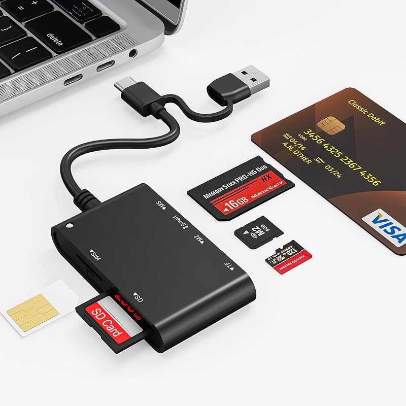 Adaptador de tarjeta SIM 7 en 2, lector de tarjetas inteligentes CAC militar USB-C/USB-A, lector de tarjetas de memoria SD/TF/SIM/PIV/M2/IC/ID/MS Pro Duo para iPhone 17 16 15/iPad/Windows/Mac/Linux