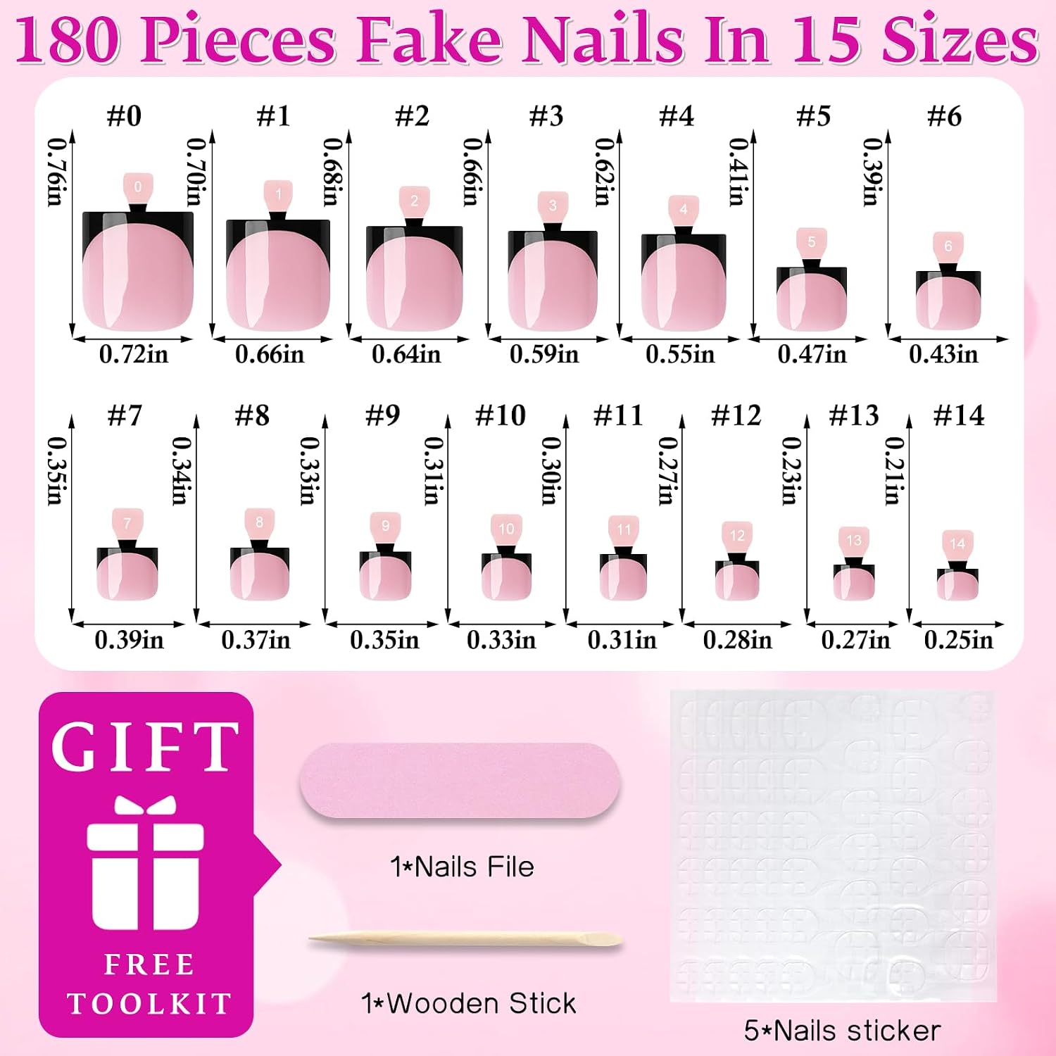180pc Black French Tip Press on Toenails Women Glue on Toe Nails, French Fake Toe Nails Press ons Nail Square Pink Acrylic Press on Toes Nail Tips Artificial Stick Toenail Tip