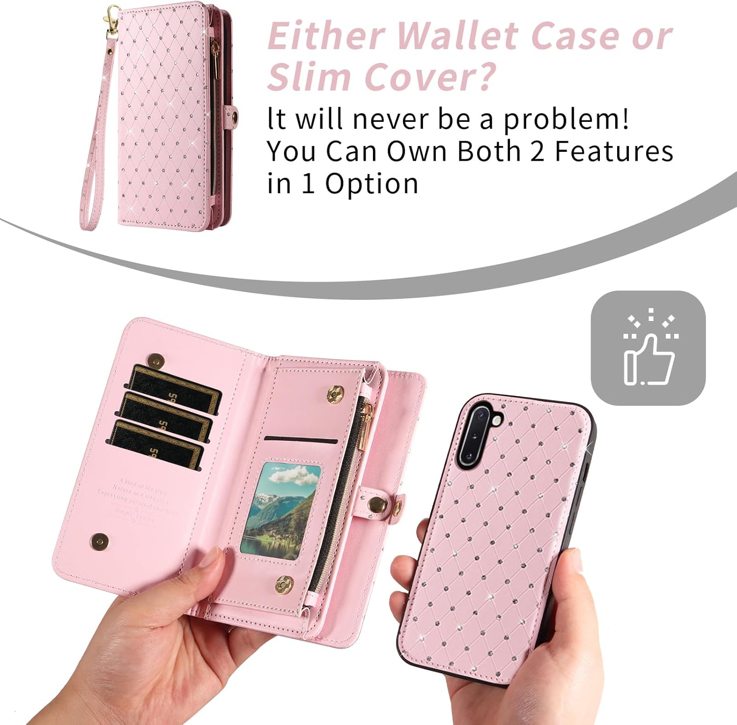 Asuwish Phone Case for Samsung Galaxy Note 10 5G Zipper Wallet Detachable Cell Cover with Tempered Glass Screen Protector Strap Glitter Flip Card Holder Slot Note10 Notes 10s Ten Not S10 Women Pink