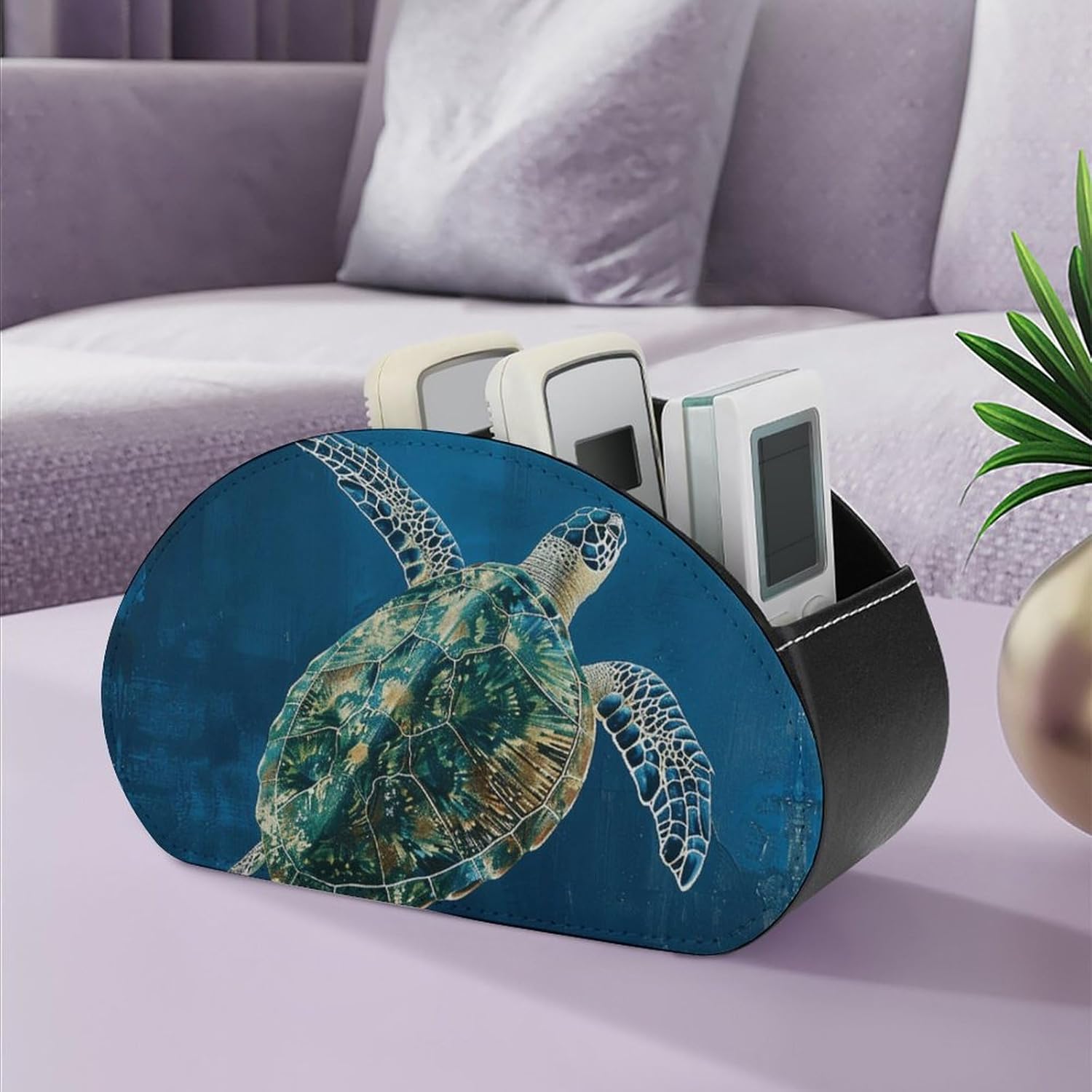 Remote Control Holder PU Leather Remote Caddy with 5 Compartment TV Remote Holder A Sea Turtle Swimming Remote Box Remote Control Organizer Pen Holder for Desktop Organizers