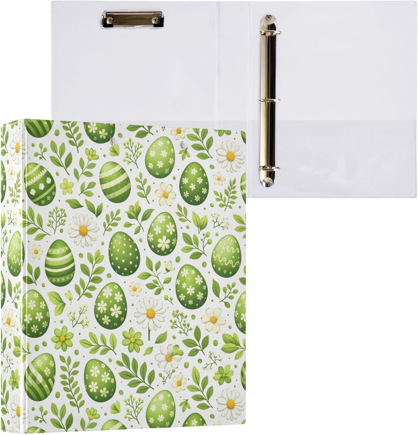 Green Easter Eggs 3 Ring Binders, 1.5” Round Ring Binders with Clipboard - Letter Size, 3 Interior PVC Clear Pockets & Anti-Slip Clip for Office School Supplies, 2PCS