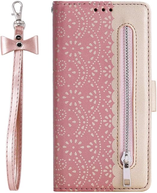 ZCDAYE Zipper Wallet Case for Galaxy S10,Fabulous Glossy Pattern Magnetic Closure PU Leather [Bowknot Lanyard][Kickstand][Card Slots] Soft TPU Book Case Cover for Samsung Galaxy S10-Rose Gold