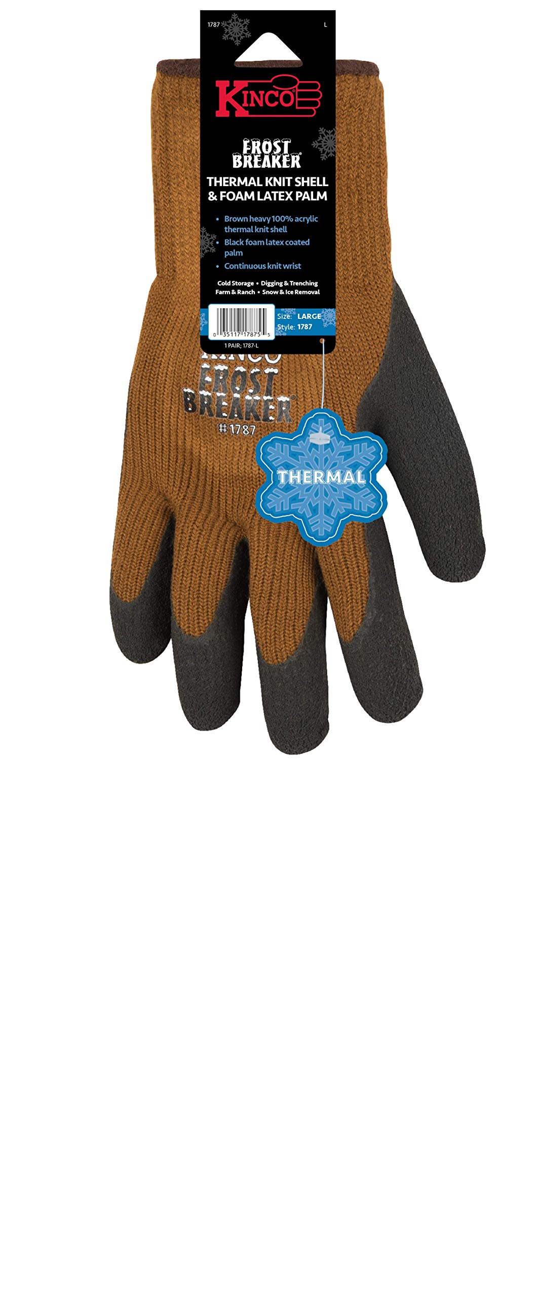 Kinco internacional 1787-l Frost Breaker, guantes de trabajo de punto térmico, Palma de látex, marrón, grande
