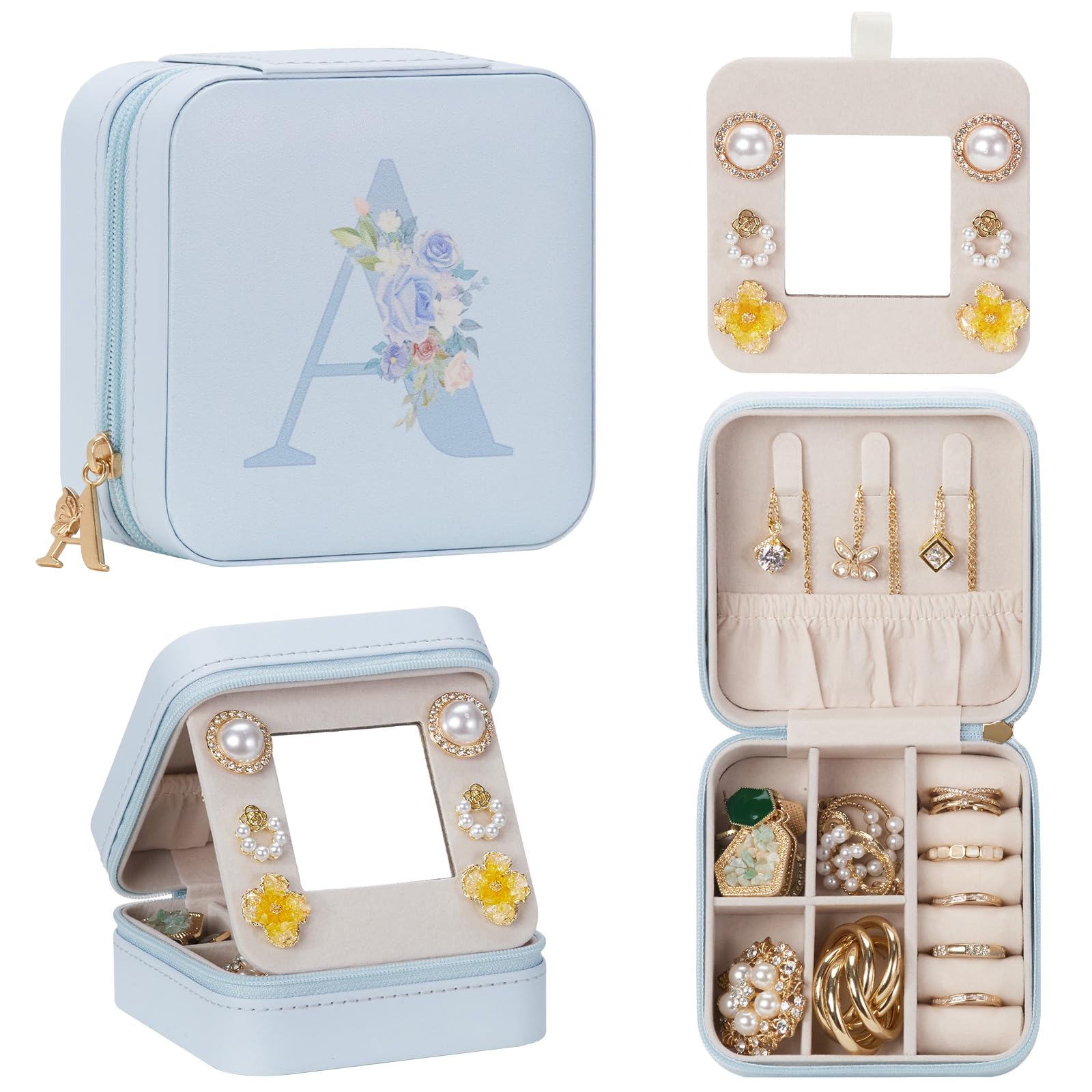 Travel Jewelry Box for Gift Traveling Jewelry Case for Girls Women - Mini Organizer for Necklaces Earrings Blue