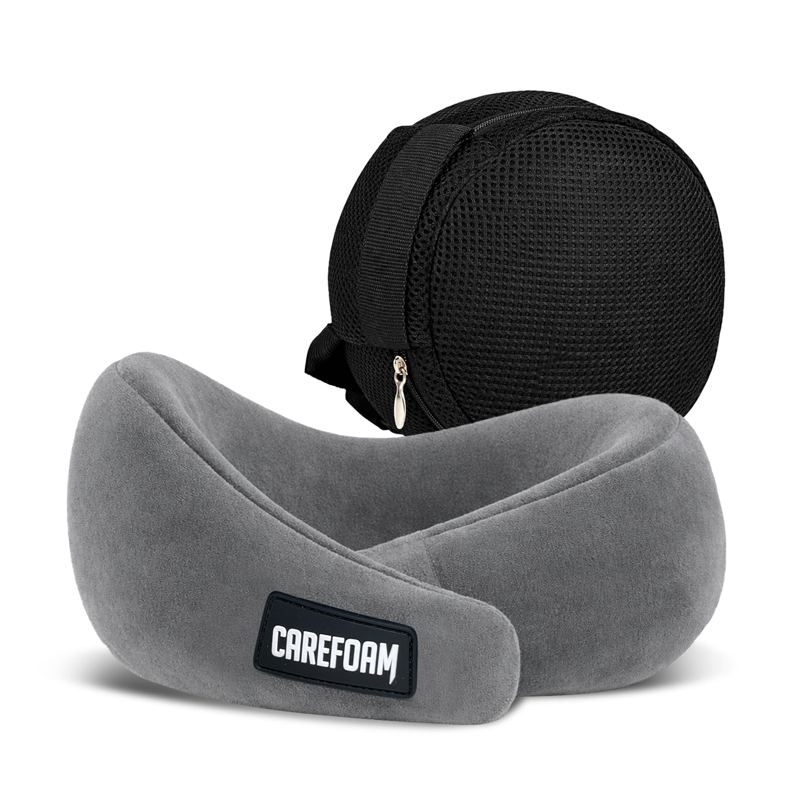 CareFoam Virgin Memory Foam Travel Neck Pillow for Airplane, Car & Train – Dual Height (5" & 4") 360° Neck Support with Adjustable Velcro Fastening & Ultra-Soft Velvet Cover