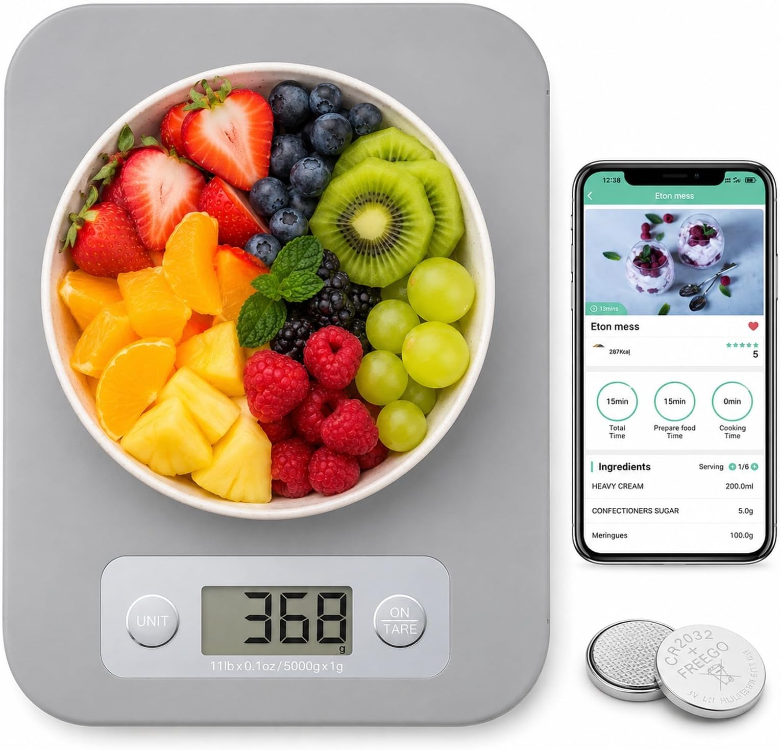 URAMAZ (Grey) - Smart Food Scale, Digital Kitchen Scale for Food Ounces and Grammes with Nutritional Analysis APP, Bluetooth Food Calorie Scale for Weight Loss, Macro, Keto WW Diet, Baking, Cooking