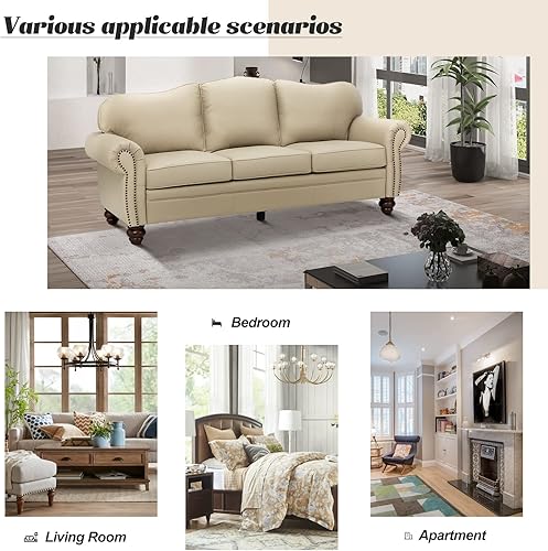 Miniatura 6 de HULALA Home Sofá de cuero genuino de 81 pulgadas con ribete de clavos y reposabrazos enrollados, moderno de mediados de siglo, sofá de 3 plazas,