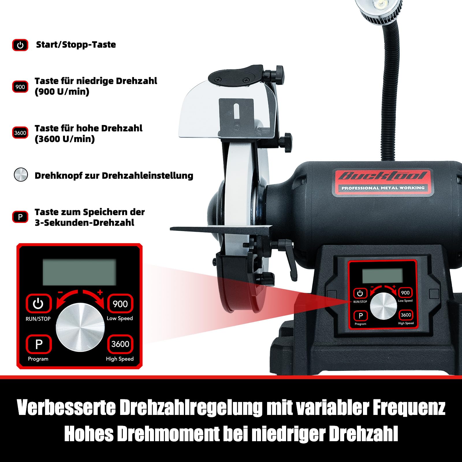 Bucktool Lijadora de mesa variable de 200 mm, VFD 750 W profesional con baja vibración y alto par para procesamiento de metal, afilado de cuchillos y trabajos de taller
