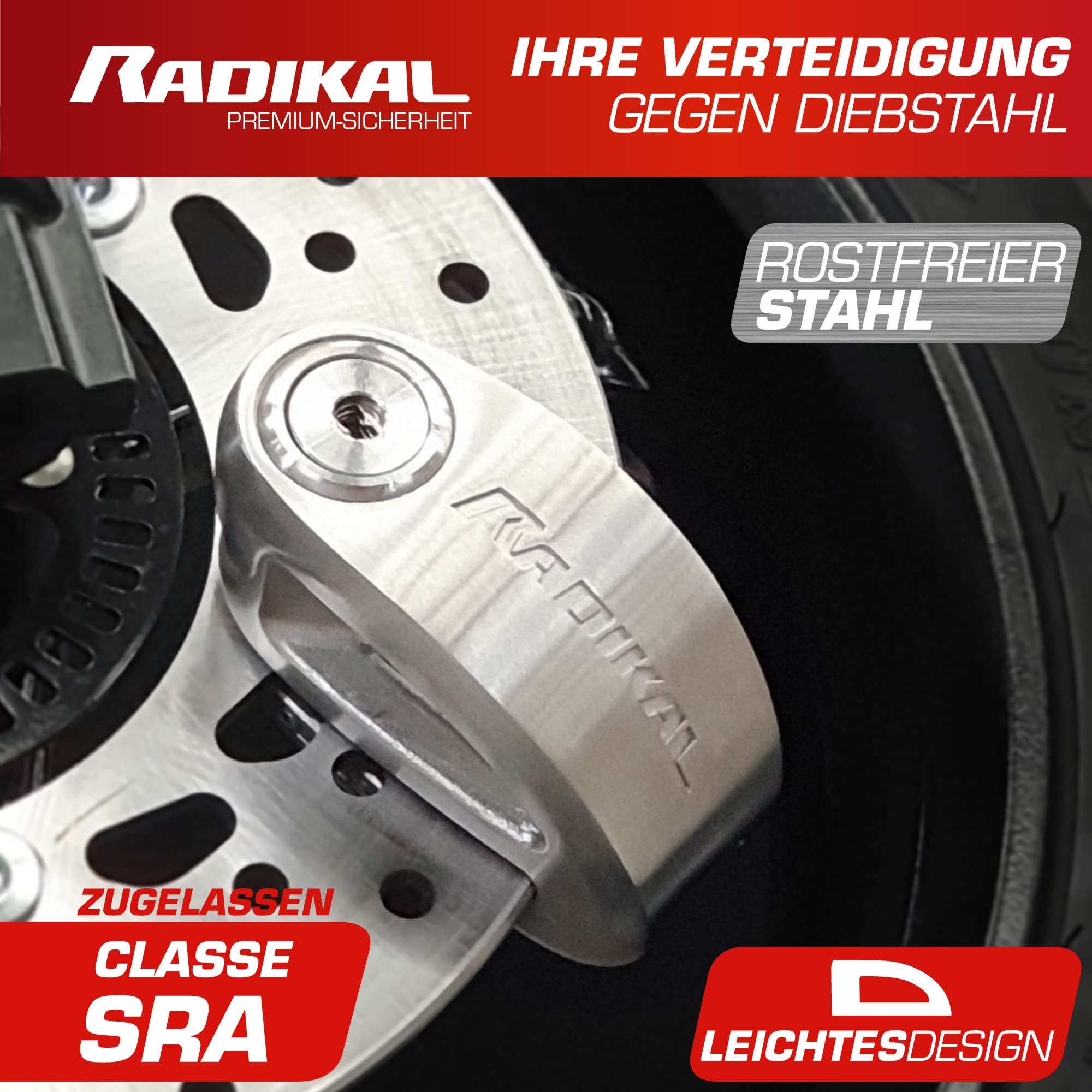 RADIKAL RK310S Bremsscheibenschloss Motorrad, Schließbolzen ø10, mit SRA Zulassung, polierter Edelstahl