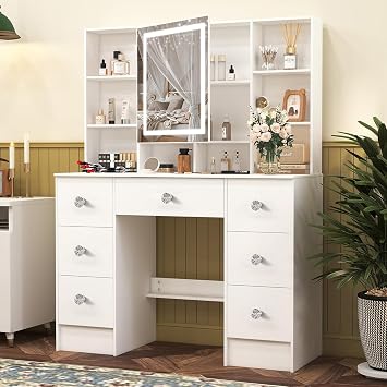 Vanity Desk with Storage LED Mirror and Lights, 39.4W Makeup Vanity with Drawers, 3-Color Adjustable Brightness Lights, White Vanity Dressing Table for Bedroom, Girls, Women