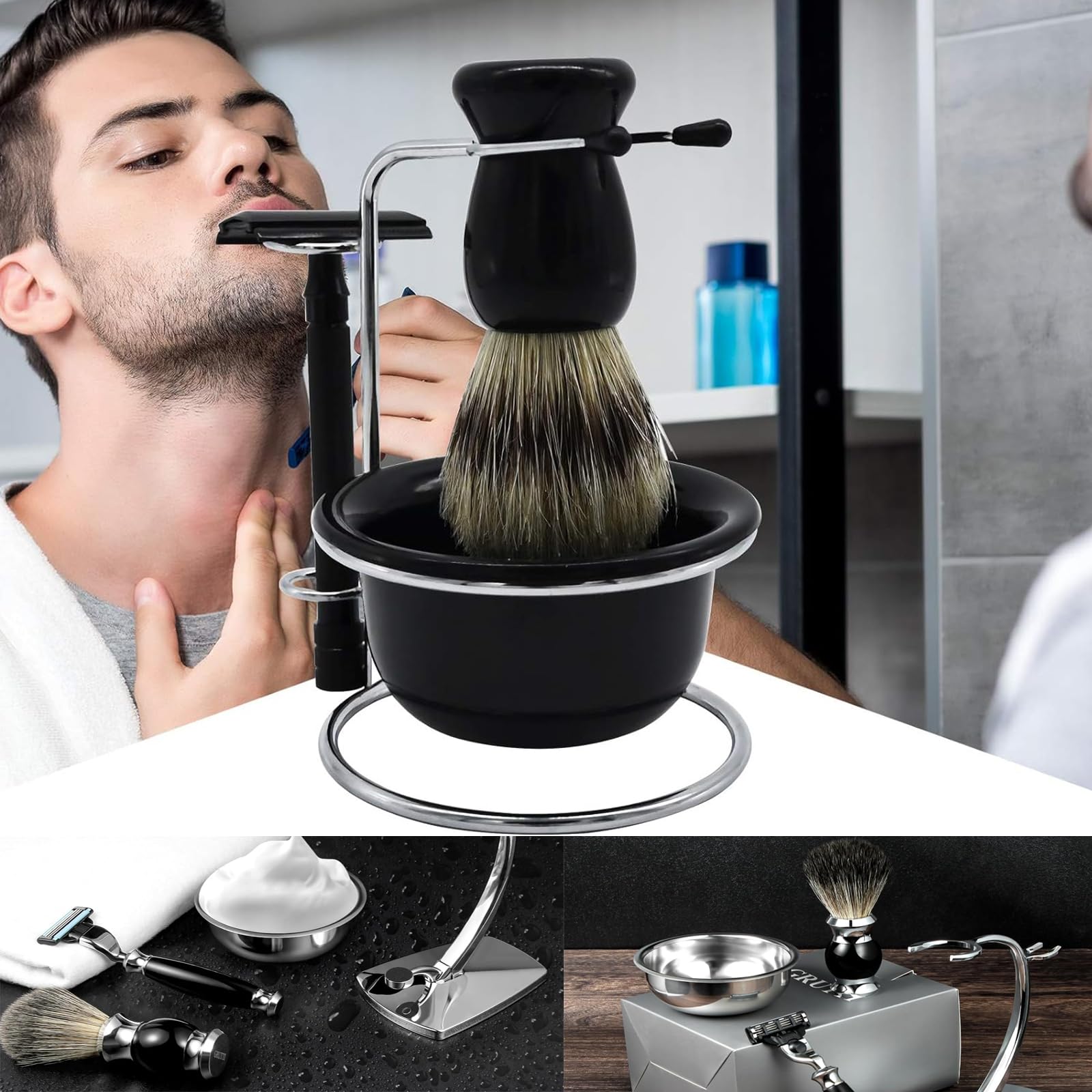 Set da barba da uomo, universale, supporto per pennelli da barba, in acciaio inox, resistente, supporto per rasatura di sicurezza, per rasoi manuali, pennello da barba