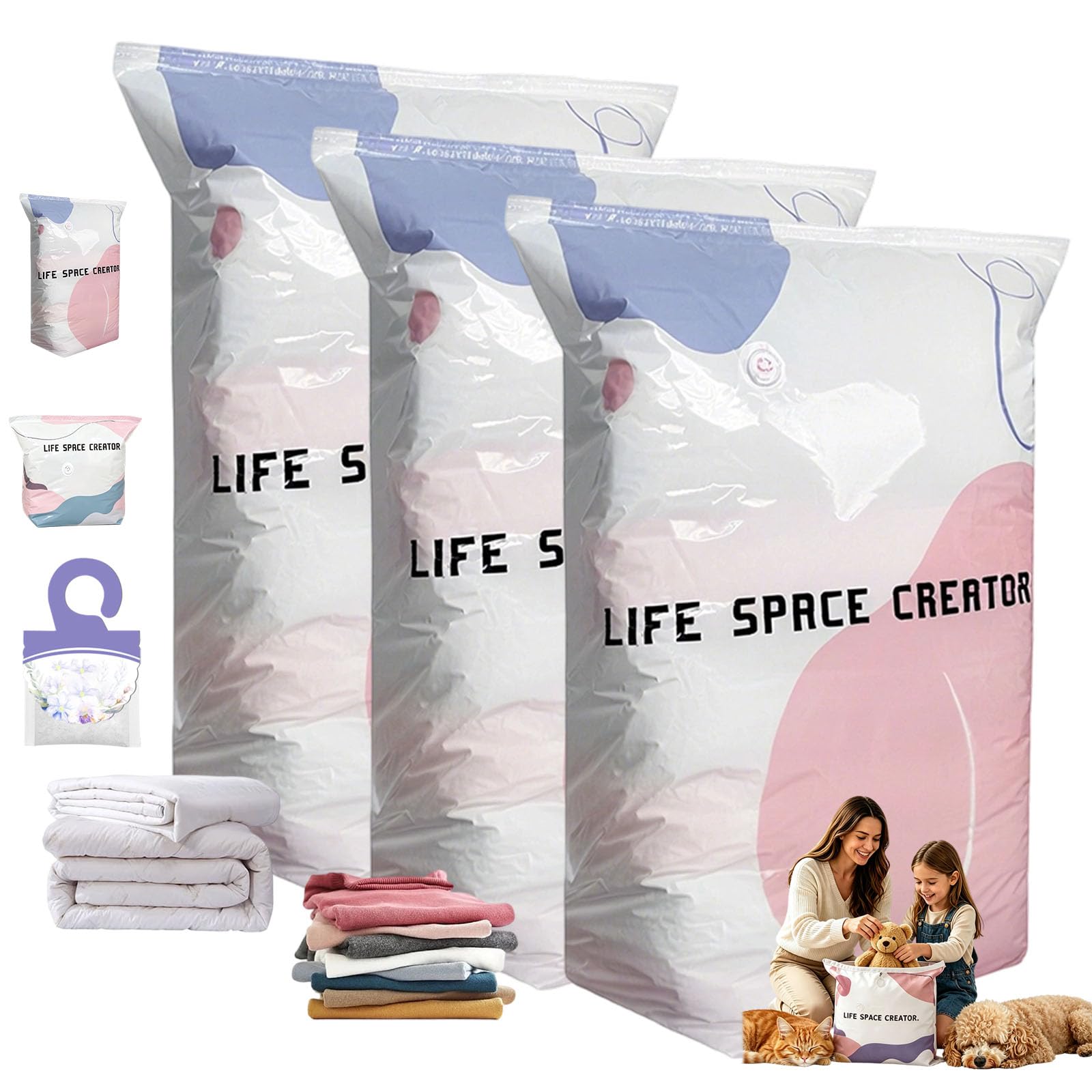 No Pump 3D Vacuum Storage Bags, No Pump Large Vacuum Storage Compression Bags, Reusable, Dust-Proof, Airtight Seal Moisture-Proof, Space Saver, For Clothes Duvet Travel and Home (3L)