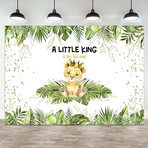 5x3ft Baby Shower Backdrop A Little King is On His Way Photography Background Lion Crown Jungle Forest Green Leaf Kid Birthday Party Banner Decorations Newborn Portrait Photo Booth Prop