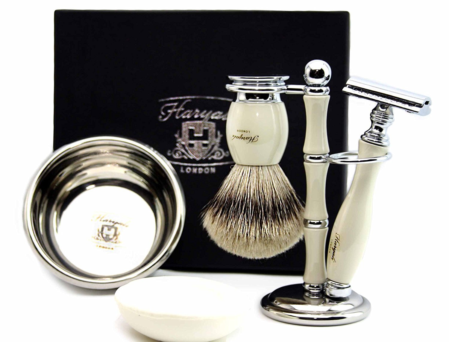 100% Hand Made Shaving Set in Ivory for Men's.Set Includes Pure Sliver Tip Badger Hair Brush, 3 Razors to Choose,Shaving Bowl with Soap and Brush Holder. (De Safety Razor)