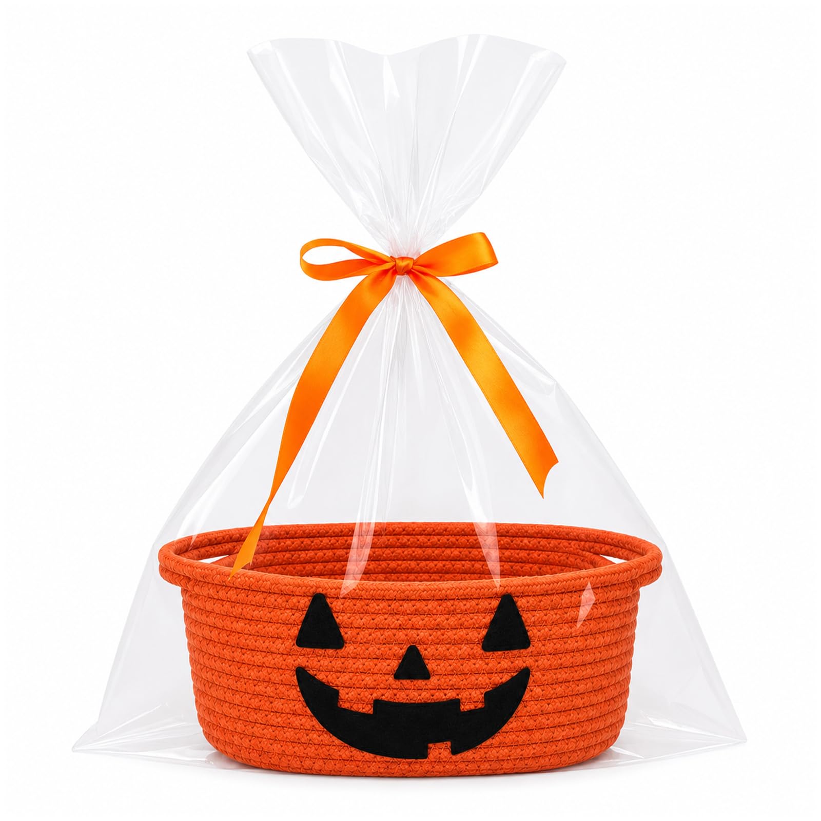 Halloween Basket Empty Orange Boo Basket with Bag & Ribbon, Woven Storage
