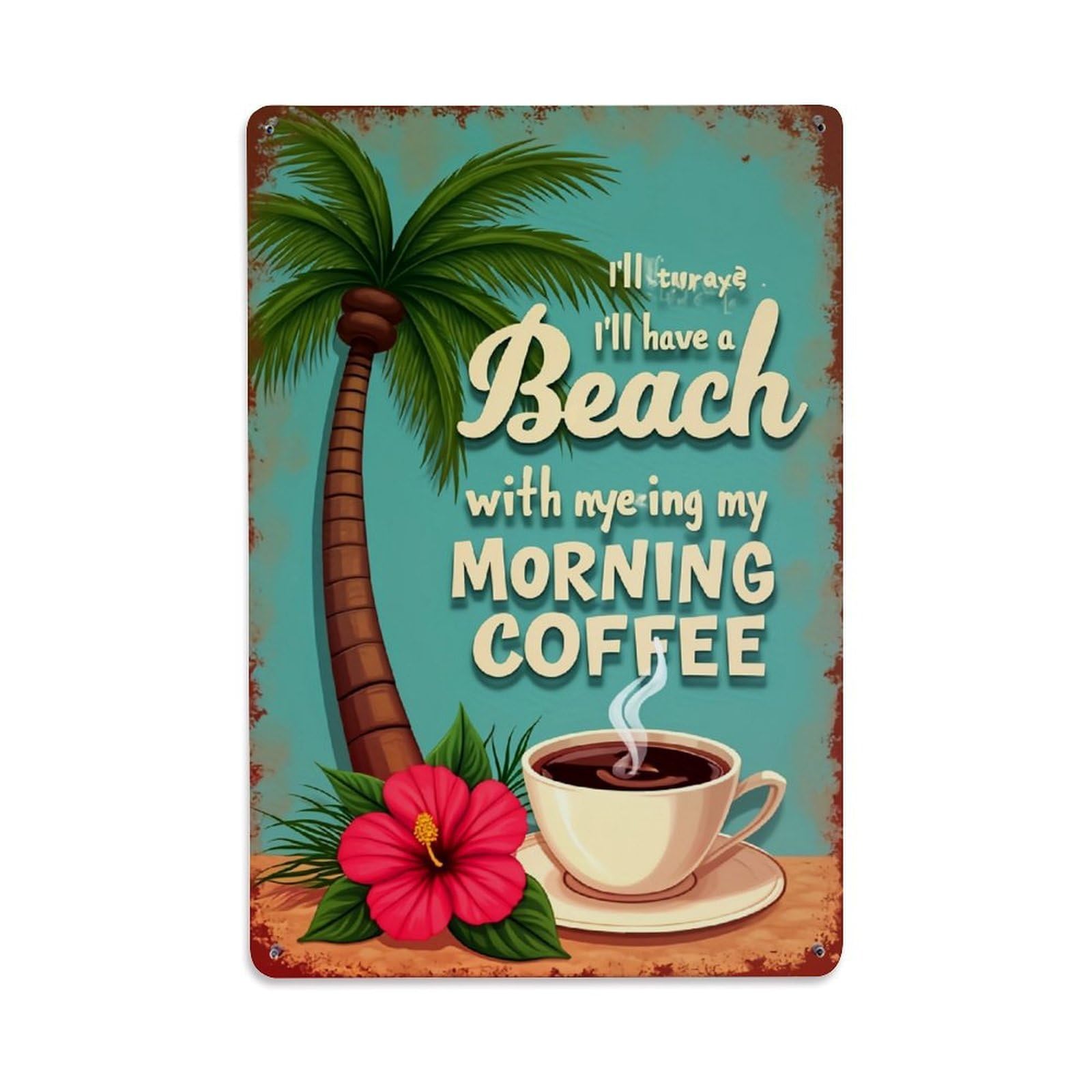 Jdfenggu Vintage Palm Tree Coffee Flower Beach Retro Metal Tin Sign, Decor Art Poster For Bar, Home, Man Cave, Kitchen, Laundry Room Gift 8X12inch