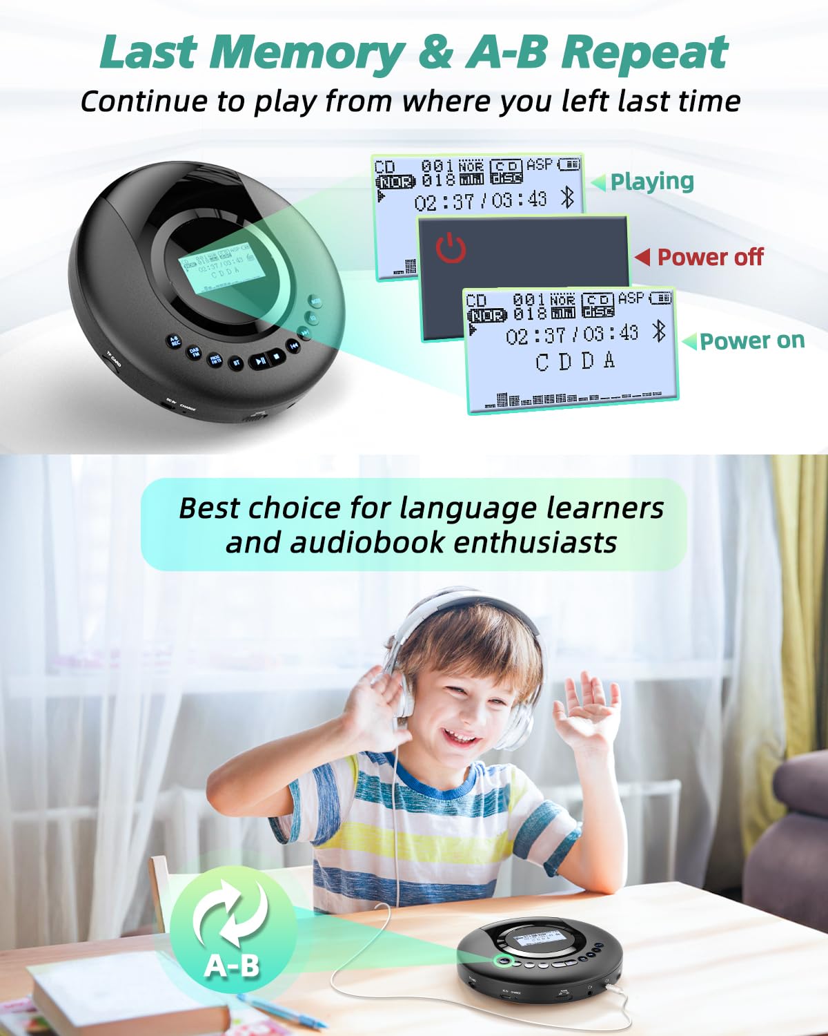 Arafuna Lecteur CD Portable - Discman - Radio Dab+/FM - CD, CD-R/RW, Lecteur CD Bluetooth avec Fonction Livre Audio - Antichoc - Batterie intégrée 2000 mAh - Noir
