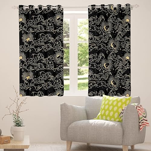 Miniatura 3 de Erosebridal Cortinas de sol y luna con universo psicodélico y galaxia, cortinas negras y doradas, cortinas de noche estrellada, geometría, sol,