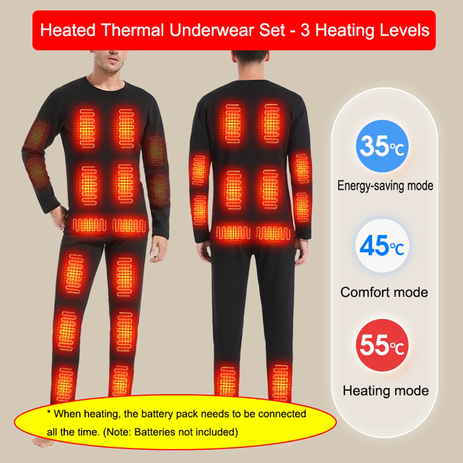 Set di Biancheria Intima Termico Riscaldata per Uomo Donna, Tuta Termica USB con Controllo della Temperatura App, Intimo Termico con Top + Pantaloni Riscaldati per Sport Caccia Sci,M,Men