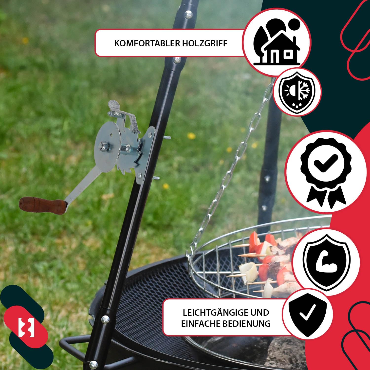 KOTARBAU® Carrete de parrilla para ajustar la altura de la parrilla de acero galvanizado con mango de madera Manivela de parrilla, manivela para parrilla