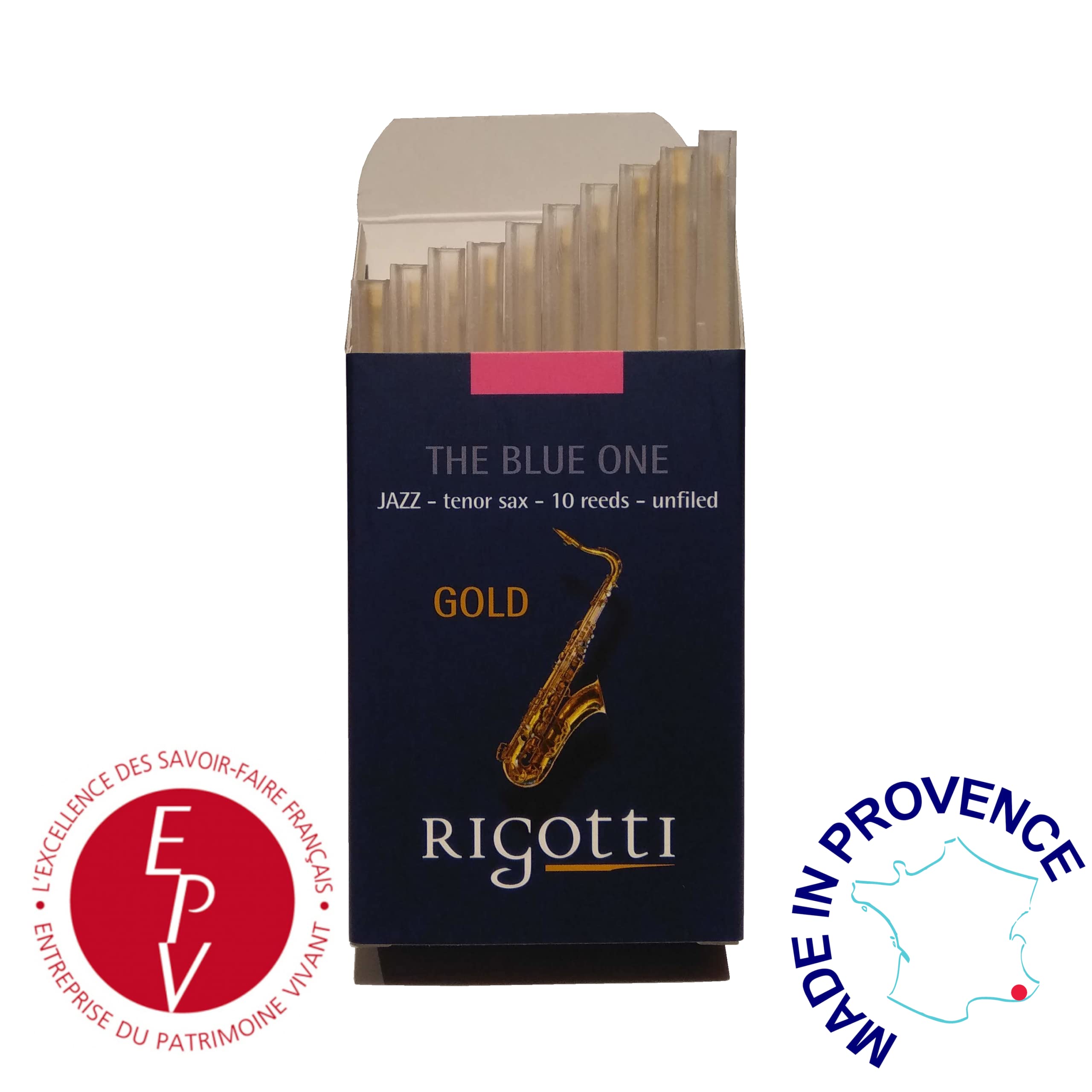 RIGOTTI Confezione da 10 canne per sassofono Tenor - Force 3,5 LIGHT - Gold JAZZ -THE BLUE ONE - Qualità superiore - da canne naturali coltivate ed essiccate al sole della Provenza in Francia