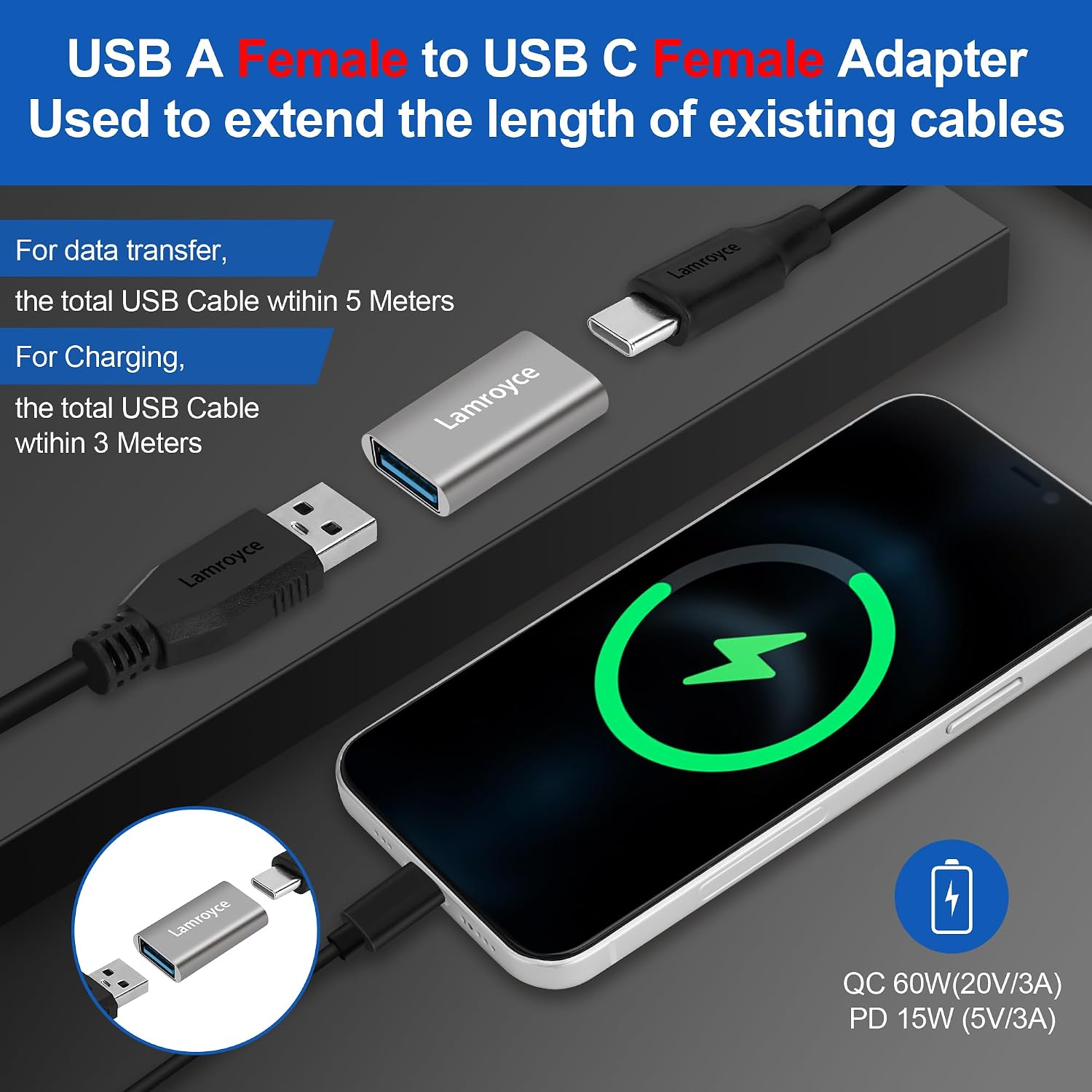 USB 3.0 to USB C 3.1 Adapter 2 Pack,10Gbps Double Sided Data Transfer, Bi-Directional Type-C (Female) to Type-A (Female) On The Go (OTG) Converter Connector Support Charging & Data Sync for Laptop, PC