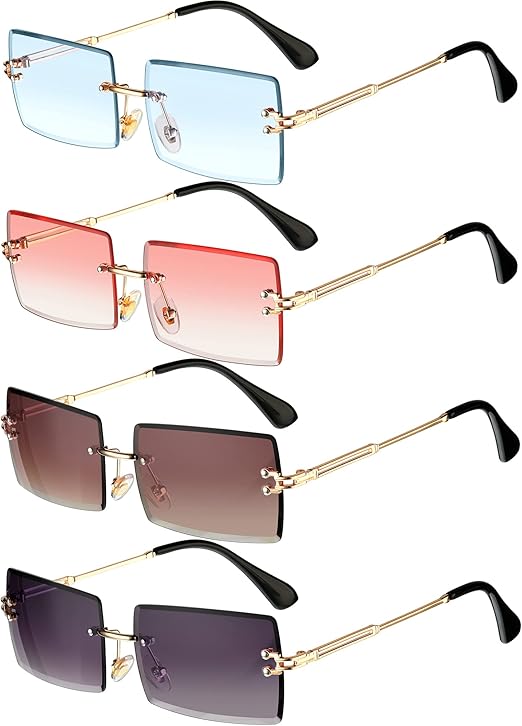 Frienda 4 Pairs Rimless Rectangle Sunglasses Frameless Square Glasses Vintage Transparent Eyewear for Women Men