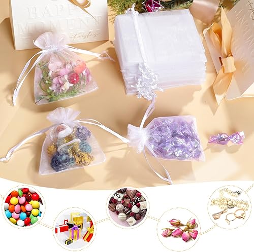 Miniatura 4 de 100 bolsas de organza blanca, bolsas transparentes de 2 x 3 pulgadas con cordón, bolsas de regalo de joyería para dulces de Navidad