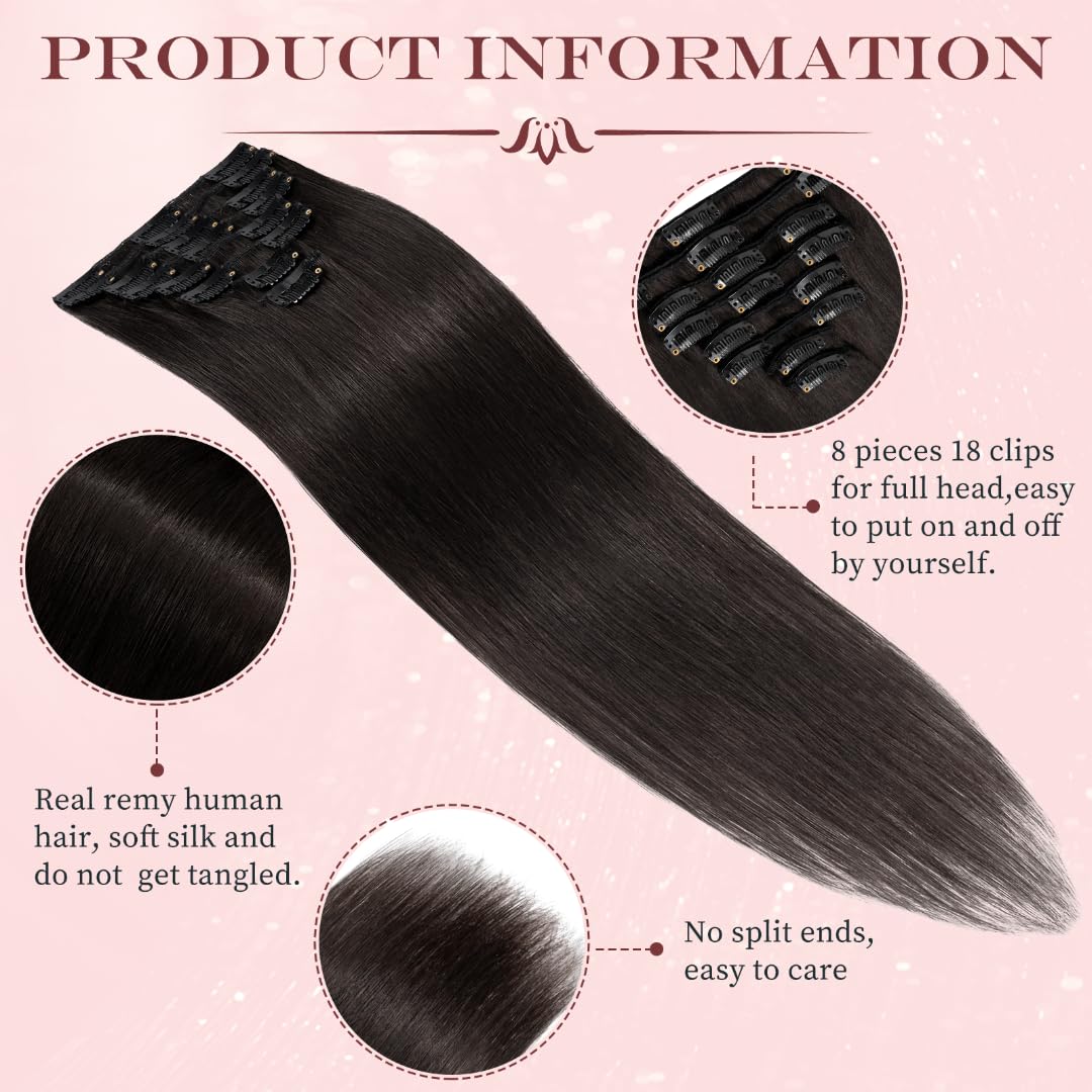 UK-Fashion-Shop Human Hair Extensions Clips in Real Hair Extension 8pcs 18 clips Long Straight Natural 22inch(75g)#1B Natural Black - Image 4