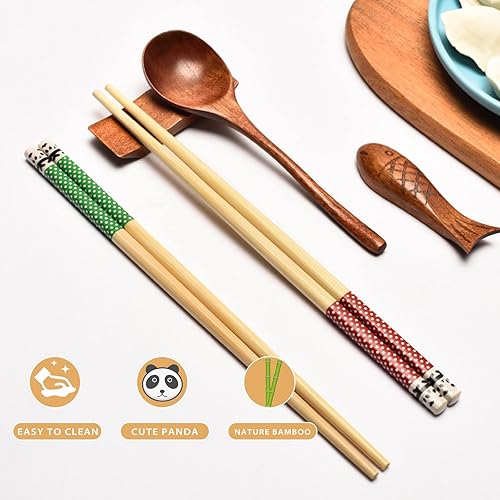 Miniatura 2 de Juego de 5 pares de palillos reutilizables de bambú natural con estampado de panda, palillos antideslizantes para fideos de arroz y sushi, vajilla