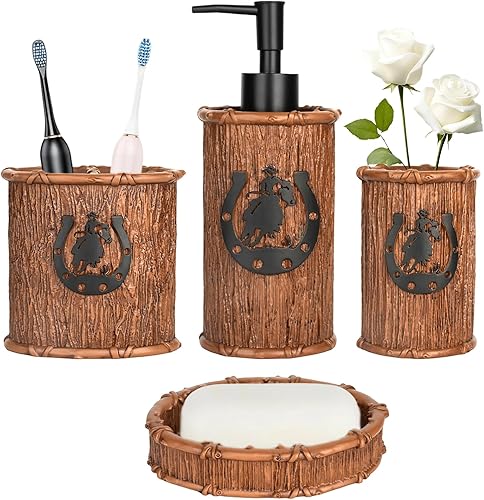 Miniatura 14 de Juego de accesorios de baño, 4 piezas, juego completo de accesorios de baño, decoración de herraduras rústicas occidentales, incluye dispensador de