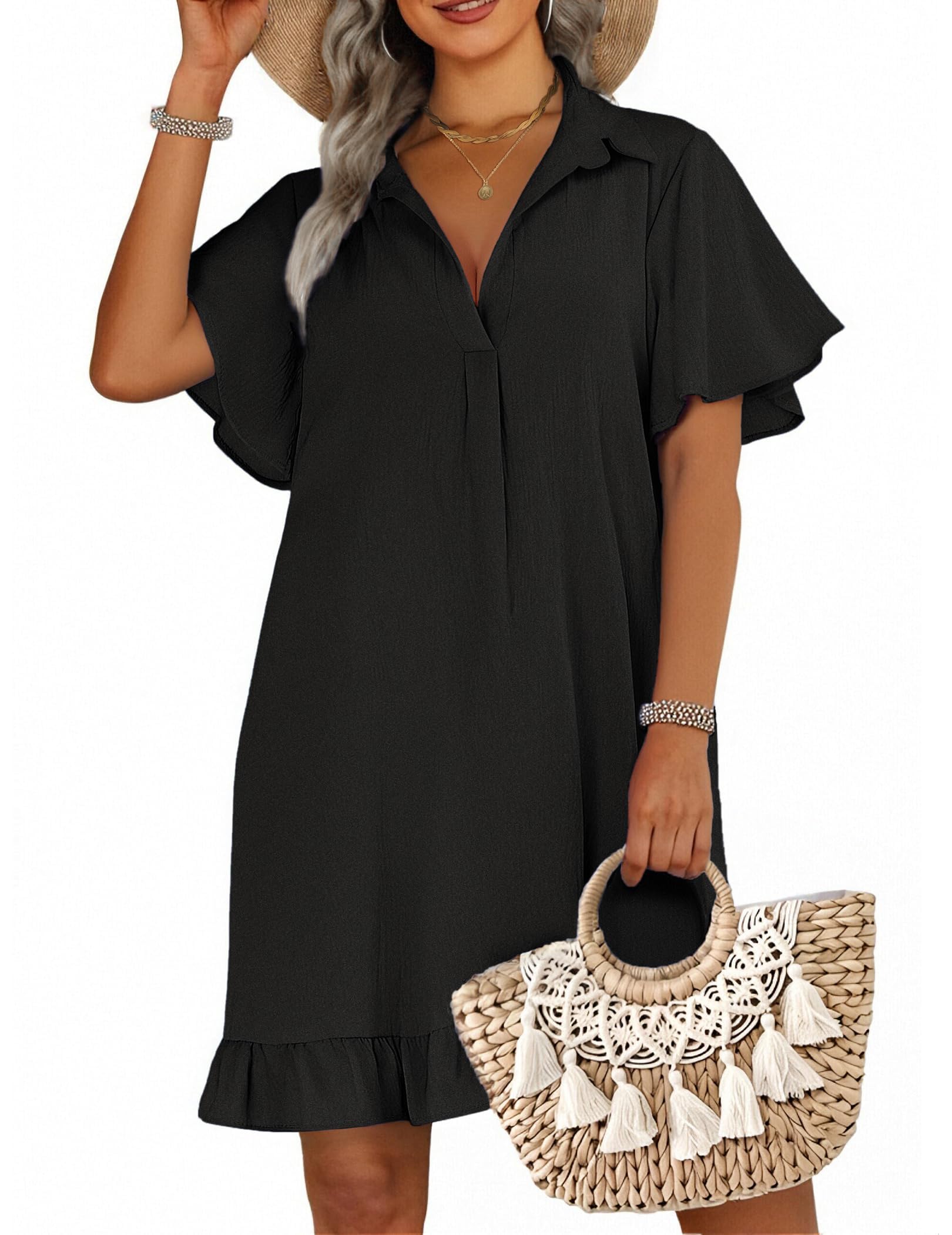 AIMAGE Womens Swimsuit Coverup Short Sleeve Beach Bathing Suit Cover Up Swimwear Flowy Ruffle Bikini Dress Shirt
