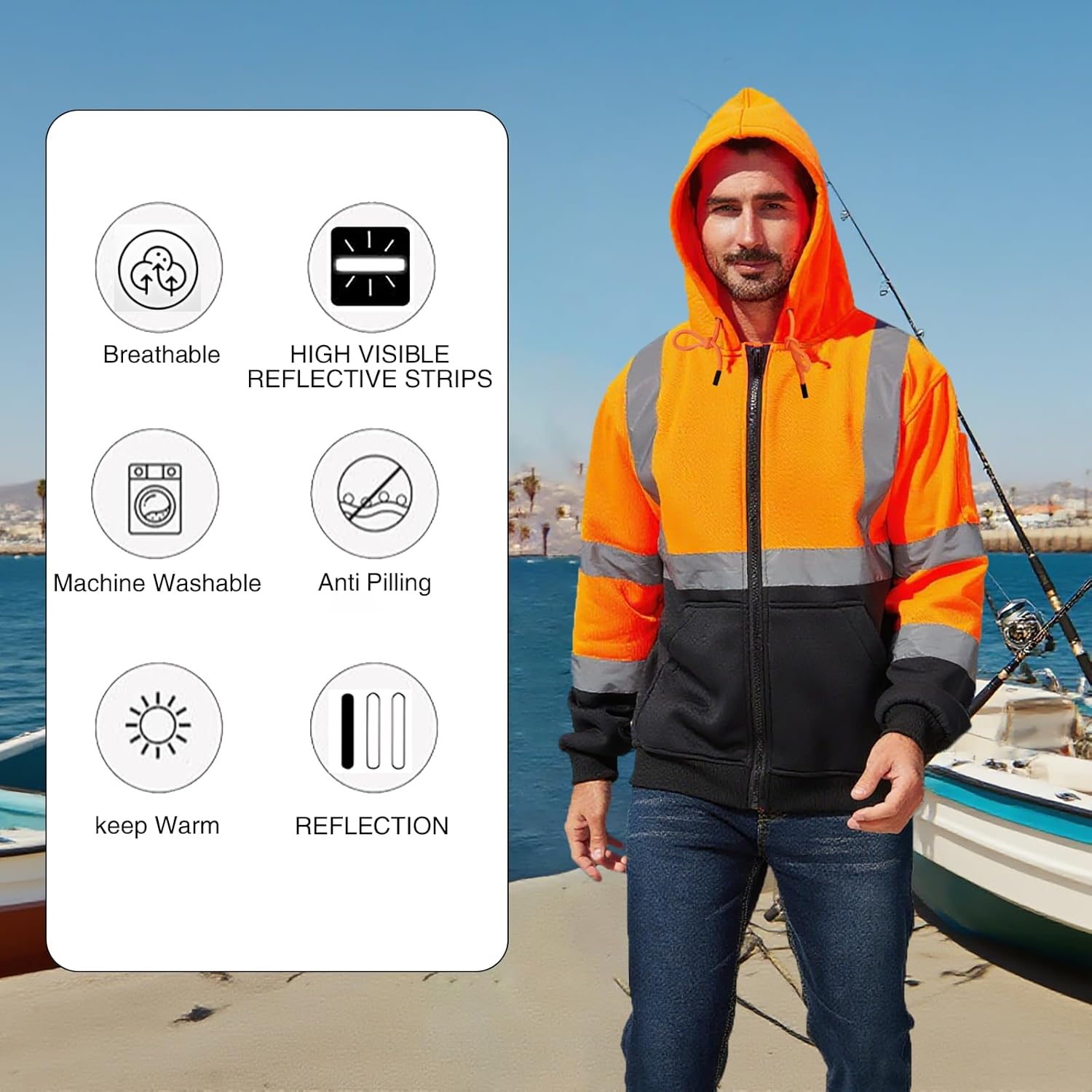 High Visibility Safety Hoodie, Reflective Workwear Sweatshirt, Neon Yellow and Black, Zip-Up - Image 6