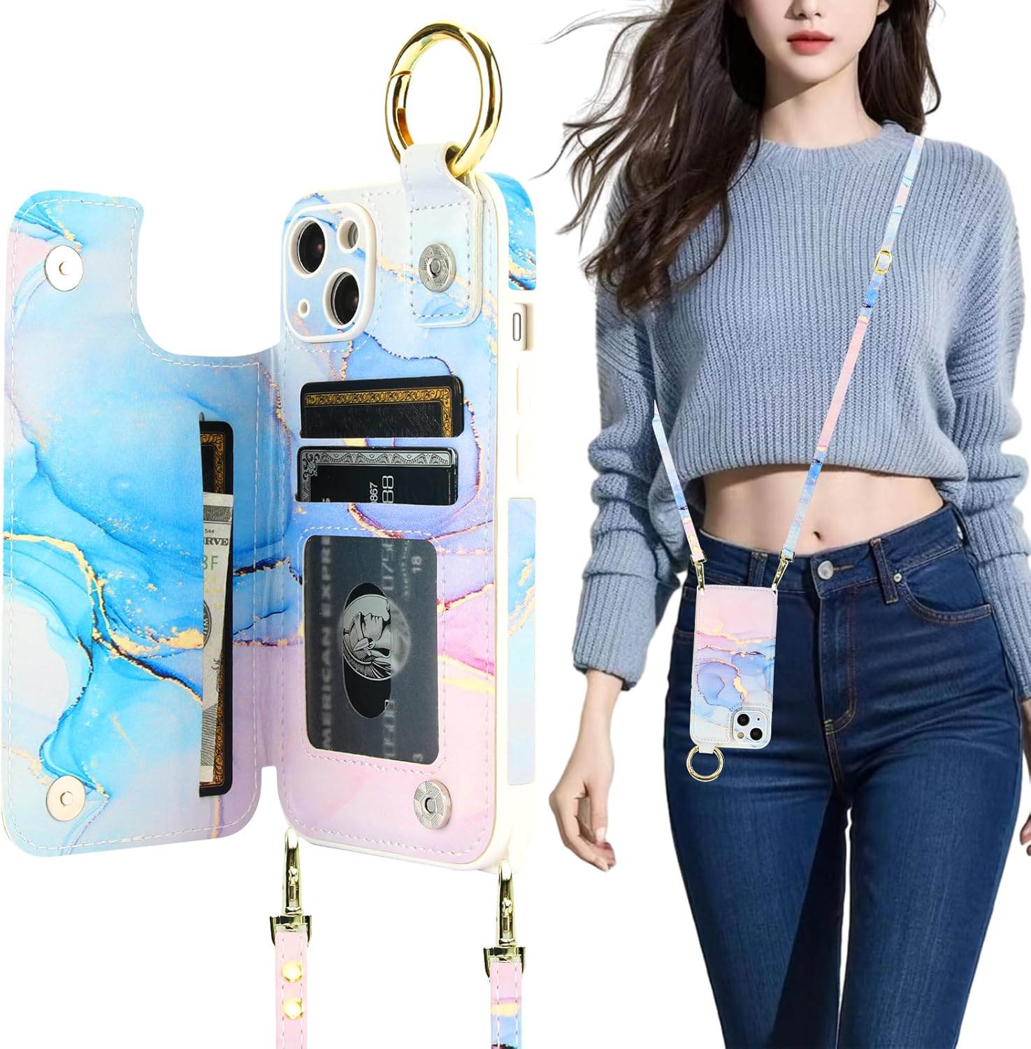 HAOPINSH Crossbody Wallet Case with Card Holder for iPhone 13, RFID Blocking Leather with Wrist Strap Lanyard, Finger Grip Ring, Pink Blue Marble Print Flip Folio Kickstand Camera Protection 6.1"