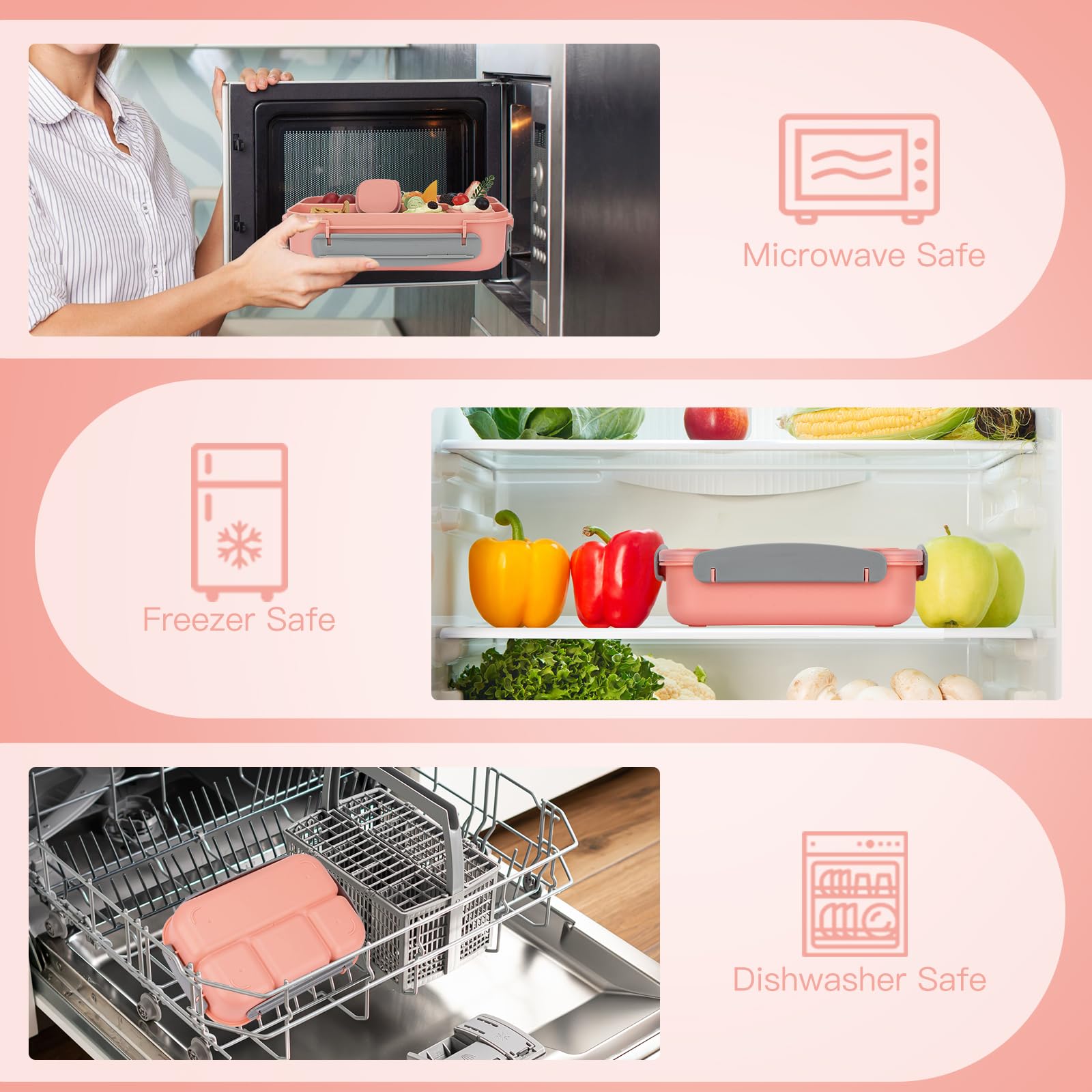 MaMix Bento Box Lunchbox für Erwachsene, Lunchbox, Kinder, inklusive Lunchtasche für Erwachsene/Kinder/Studenten, 1300 ml, 4 Fächer, Bento-Lunchbox (rosa Set)