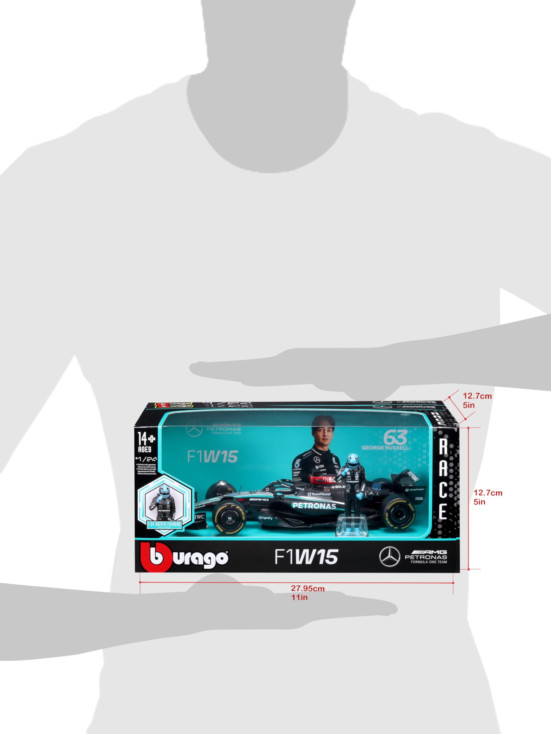 Bburago – Mercedes W15 Russell, Modelo de Coche a Escala 1:24, Figura del | Modelo F1 Mercedes W15 #63 Russell a escala 1:24 con figura, réplica detallada con licencia Mercedes, a partir de 14 años