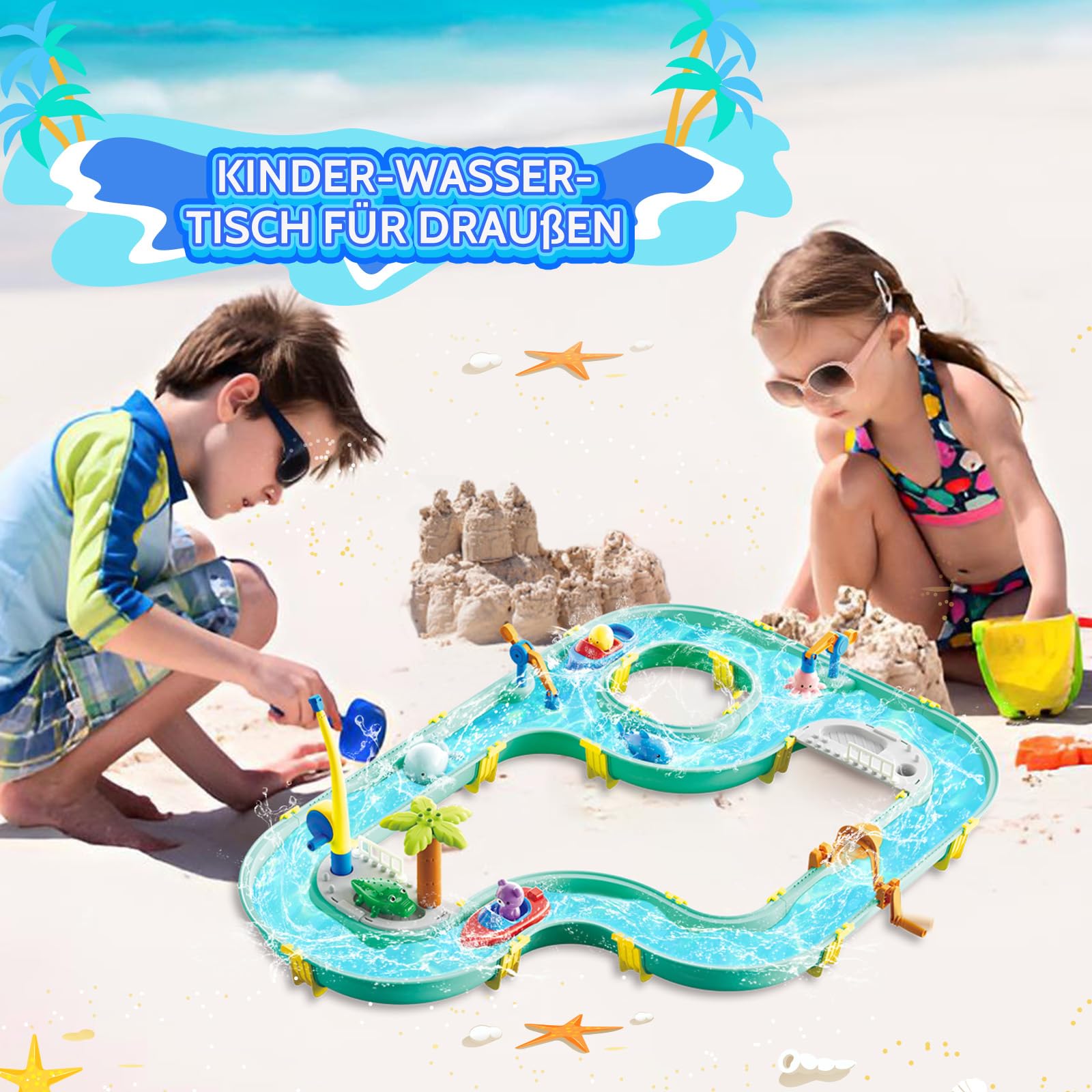 BuzzoXerex Juguete de Mesa de Arena y Agua, 2 en 1 Mesa de Agua y Arena Set, Mesas de Juegos Exteriores con Barcos x2 Muñecas x6 Cañas de Pescar x2 para Niños 3+ Años (1)