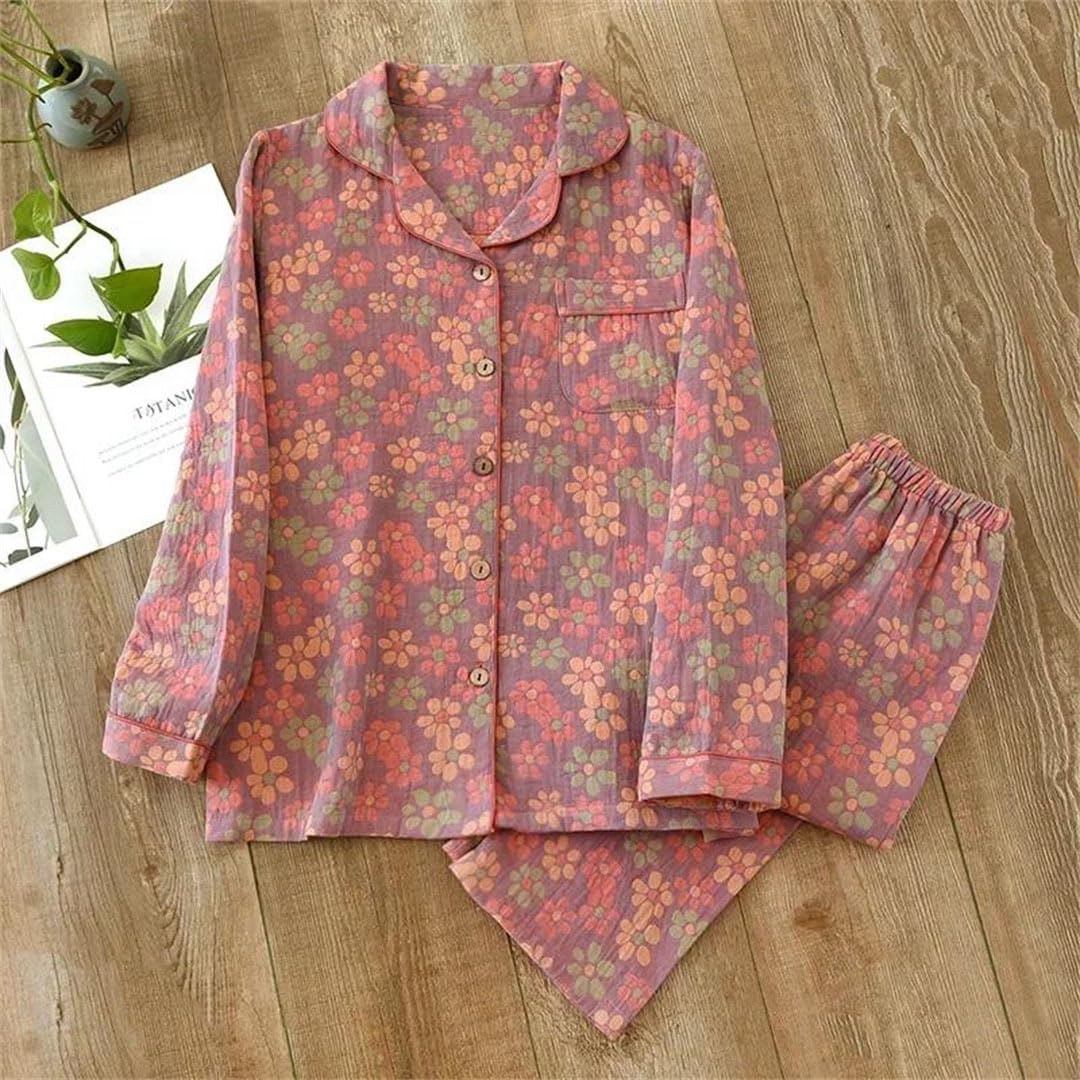 Conjunto de pijama floral de algodón para mujer, pantalones de manga larga, ropa de casa de dos piezas