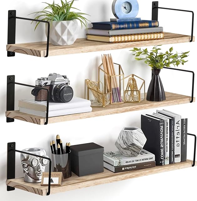 Floating Shelves Set of 3-24 Inch Rustic Wood Wall Shelves for Bedroom, Bathroom, Kitchen - Farmhouse Wall-Mounted Storage Shelves (Wood)