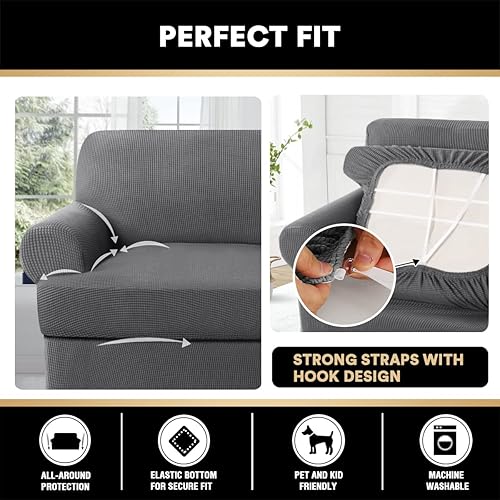Miniatura 6 de Paquete de fundas de sofá con cojín en forma de T de 3/4 piezas, protector de muebles, patrón a cuadros, extraíbles y lavables, color gris