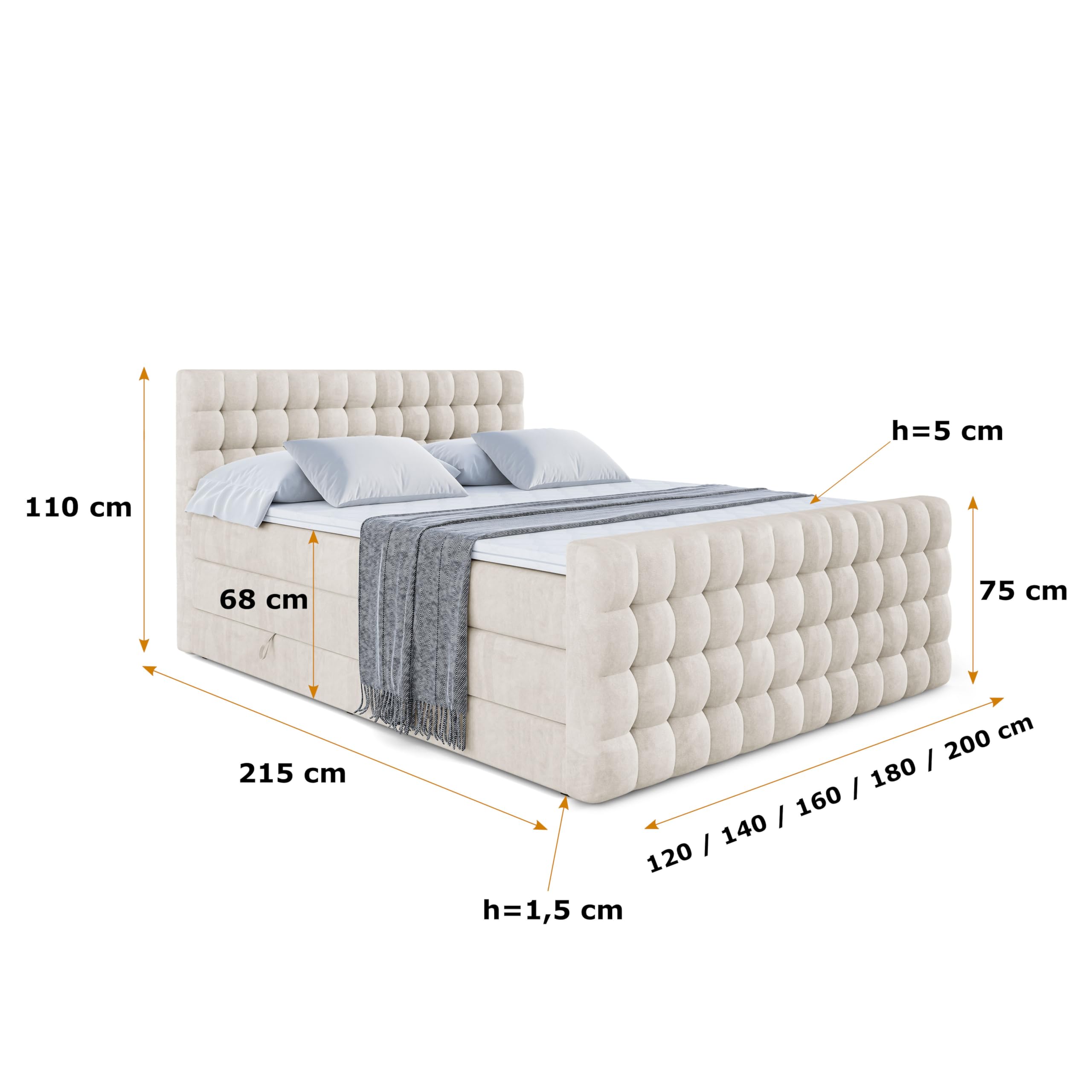 ALTDECOR Boxspringbett mit Matratze und Lattenrost, Topper, Fußteil, Polsterbett mit Bettkasten, Bett mit Stauraum H3- und H4- Matratze,Springboxbett - VIONE-Z King - 200x200 - Beige Samt