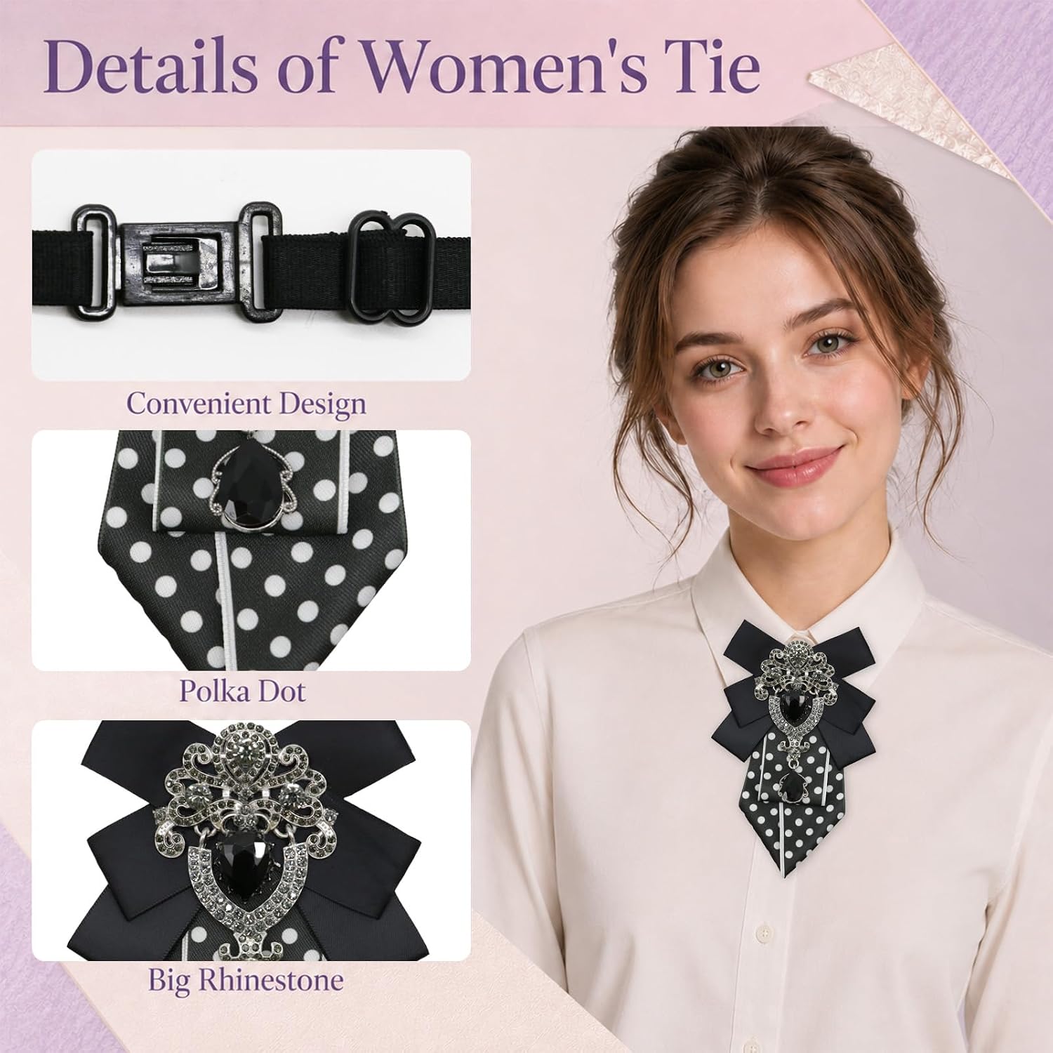 Bow Ties for Women, Sparkling Bowtie with Crystal Adjustable Polka Dot Women Tie for Party Banquet Prom Concert