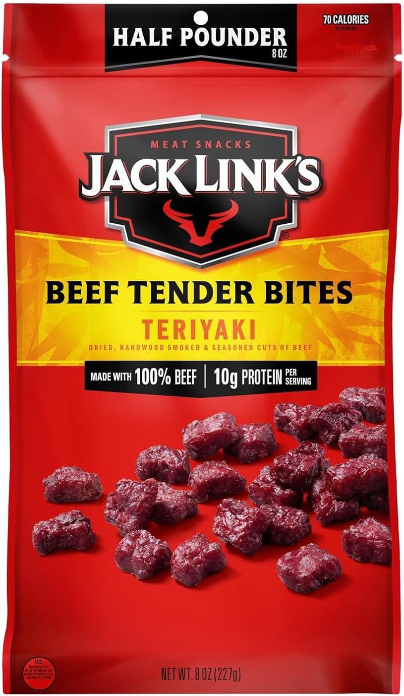Jack Link's Beef Tender Bites, Teriyaki, Half Pounder Bag - Flavorful Meat Protein Snacks for Lunches, 10g of Protein and 70 Calories per Serving, Made with 100% Beef