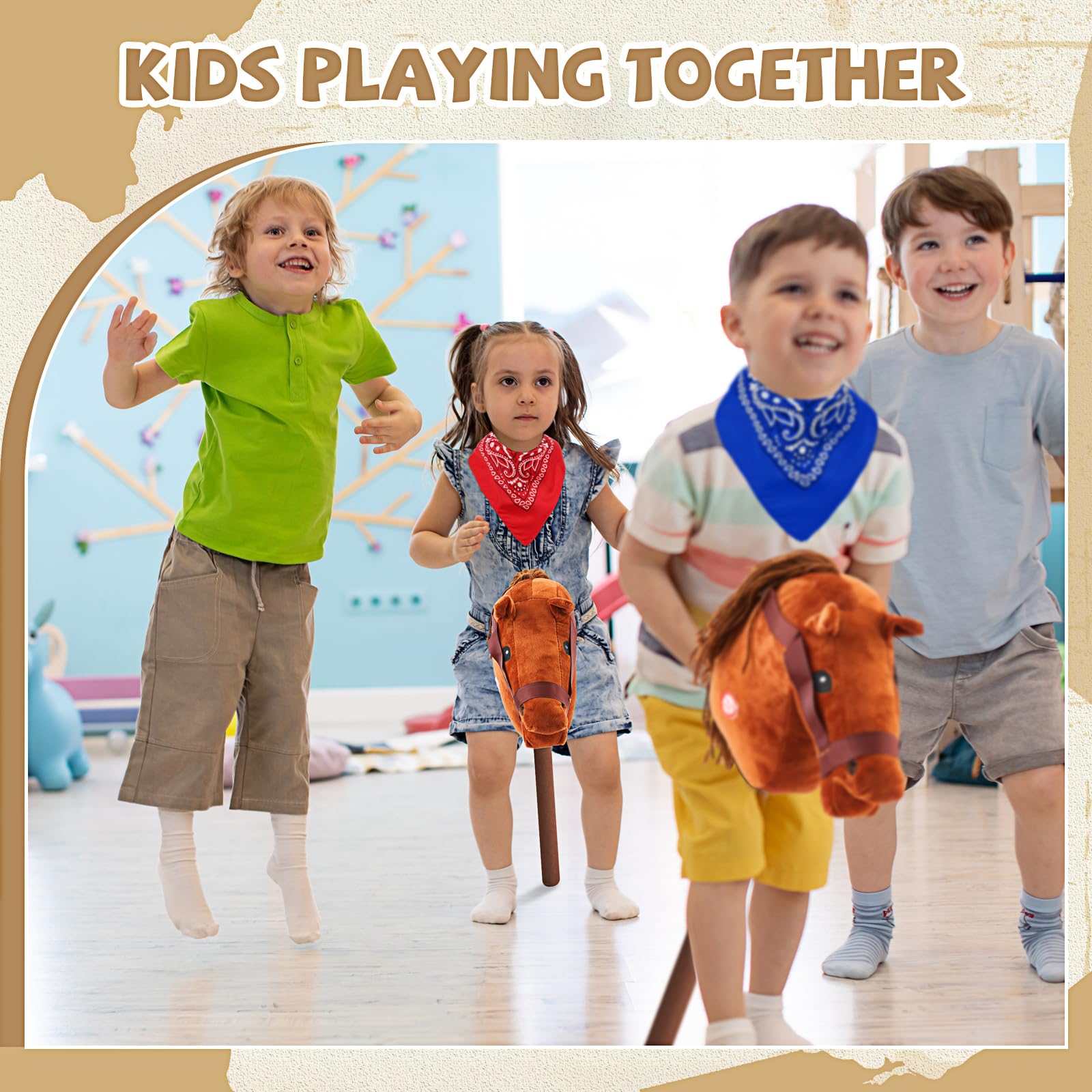 Juego de 8 unidades de palo de caballo marrón claro con sonido rojo y azul Bandana Set de juguetes Stick Horse Western Cowboy Bandana Cabeza de caballo palo con sonido vecino para niños y niñas 5